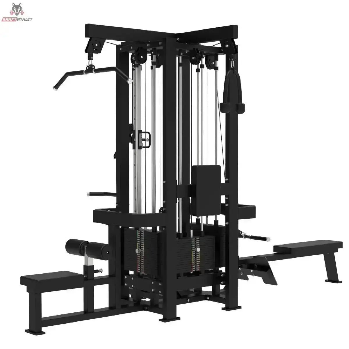 Titanium Strength Elite Series Multistation 4 Stationen in Schwarz, Schrägansicht von rechts mit Beinstrecker