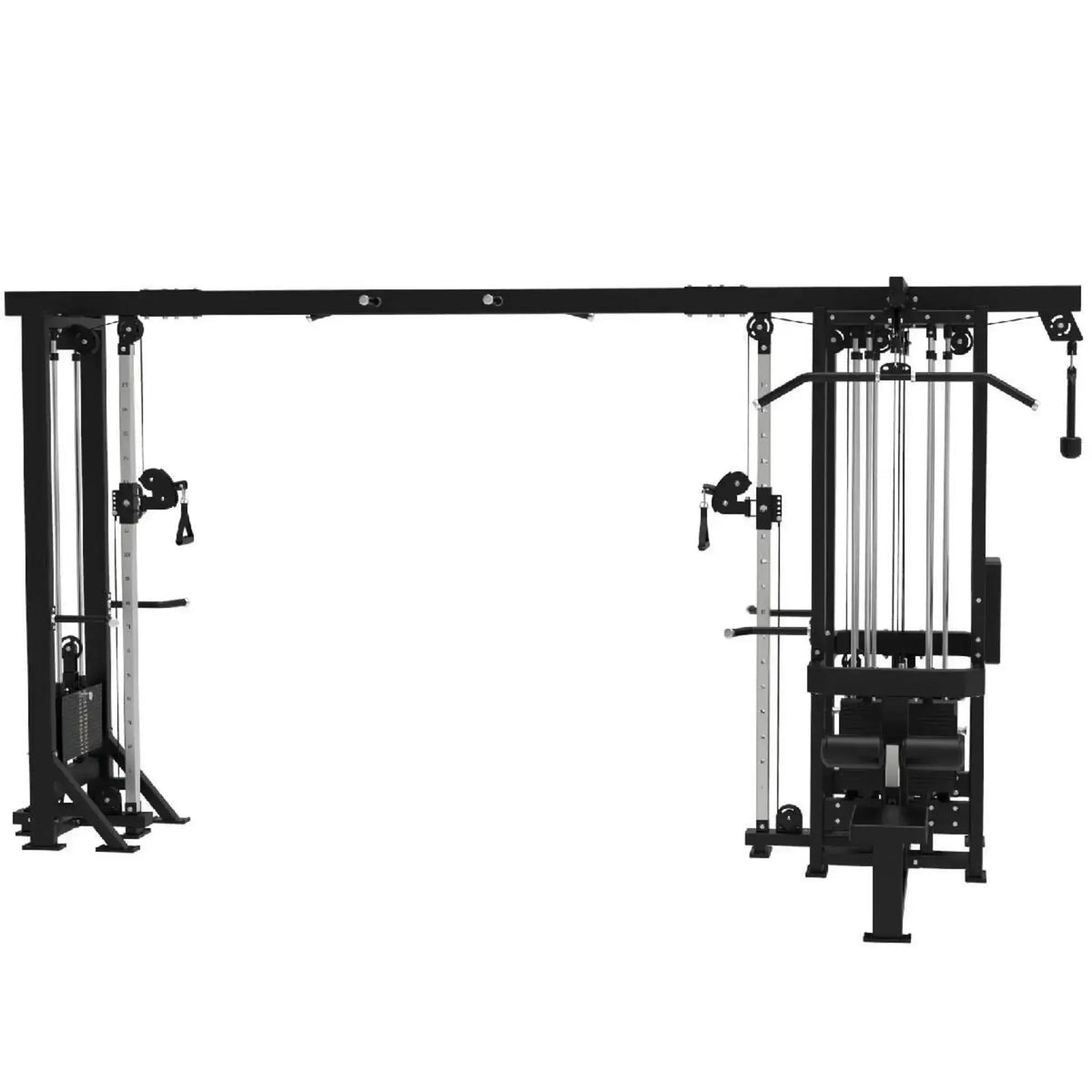 Titanium Strength Elite Series Multistation 5 Stationen in Schwarz, Frontansicht mit Kabelzugtürmen und verbindendem Querträger
