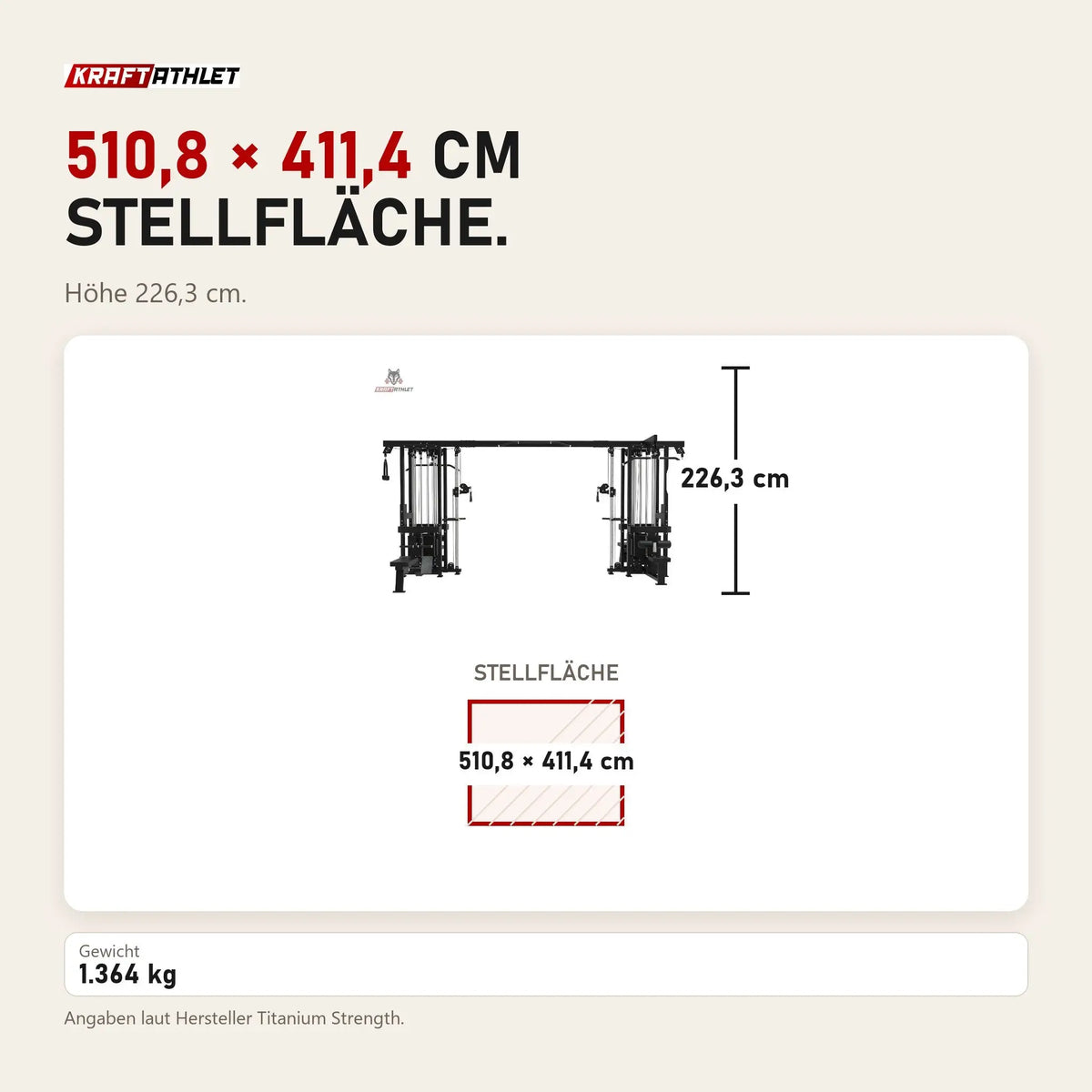 Maßbild Titanium Strength Elite Series Multistation 8 Stationen: Stellfläche 510,8 × 411,4 cm, Höhe 226,3 cm