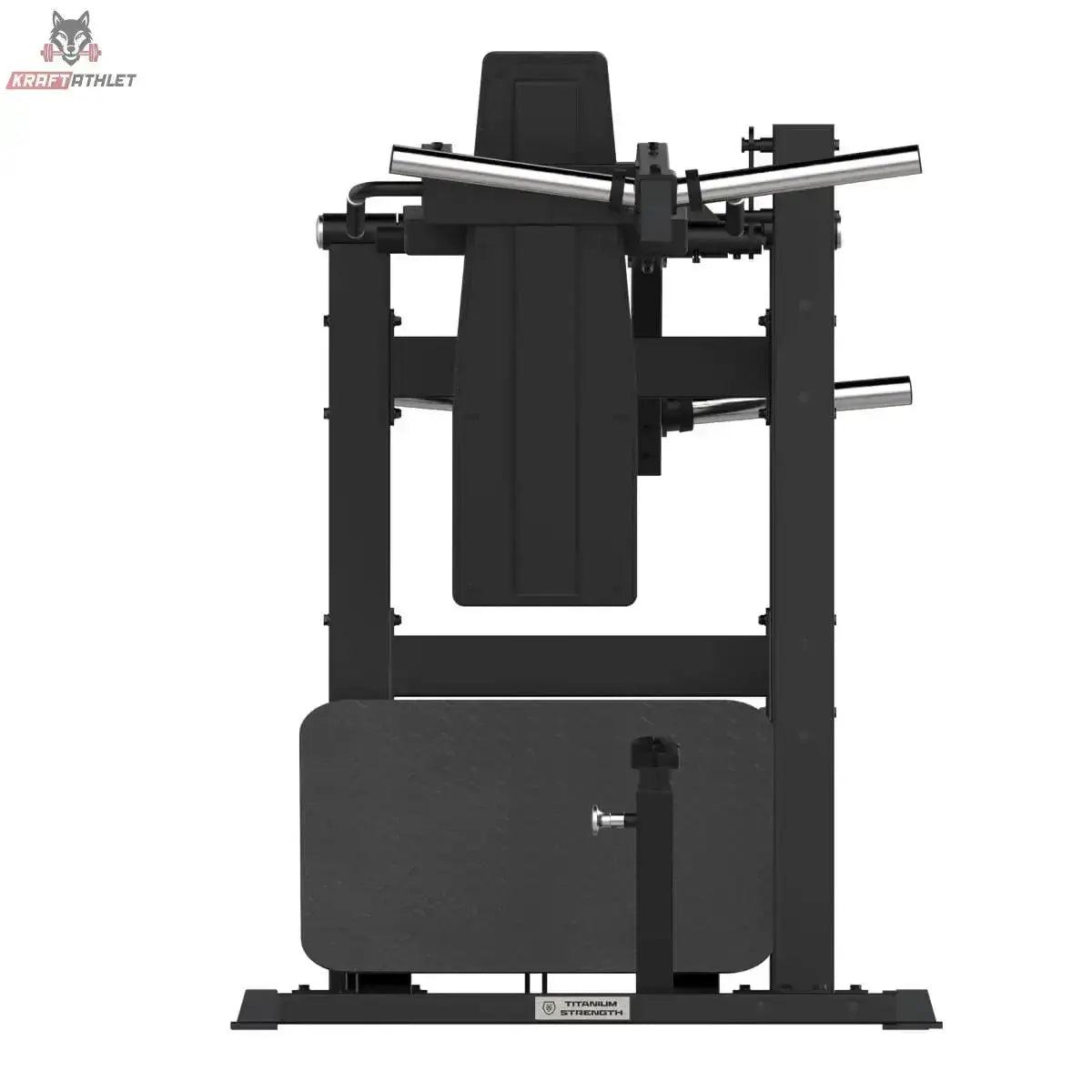 Titanium Strength Elite Series Pendulum Hack Squat in Schwarz, Frontansicht mit Rückenpolster und Hantelaufnahmen