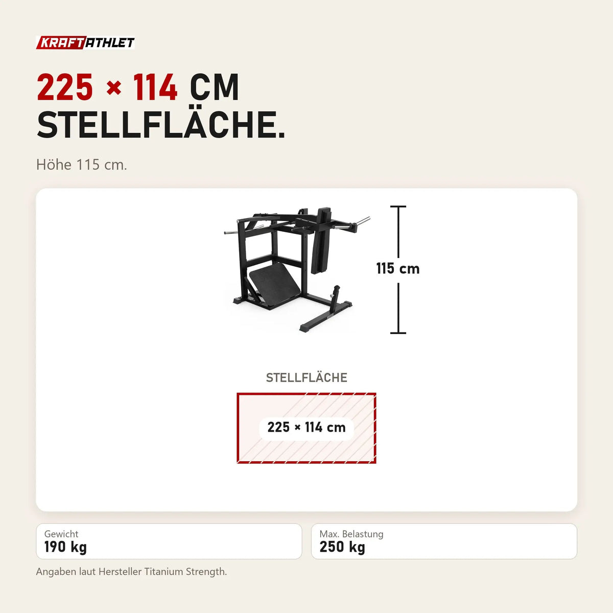 Maßbild Titanium Strength Elite Series Pendulum Hack Squat: Stellfläche 225 × 114 cm, Höhe 115 cm
