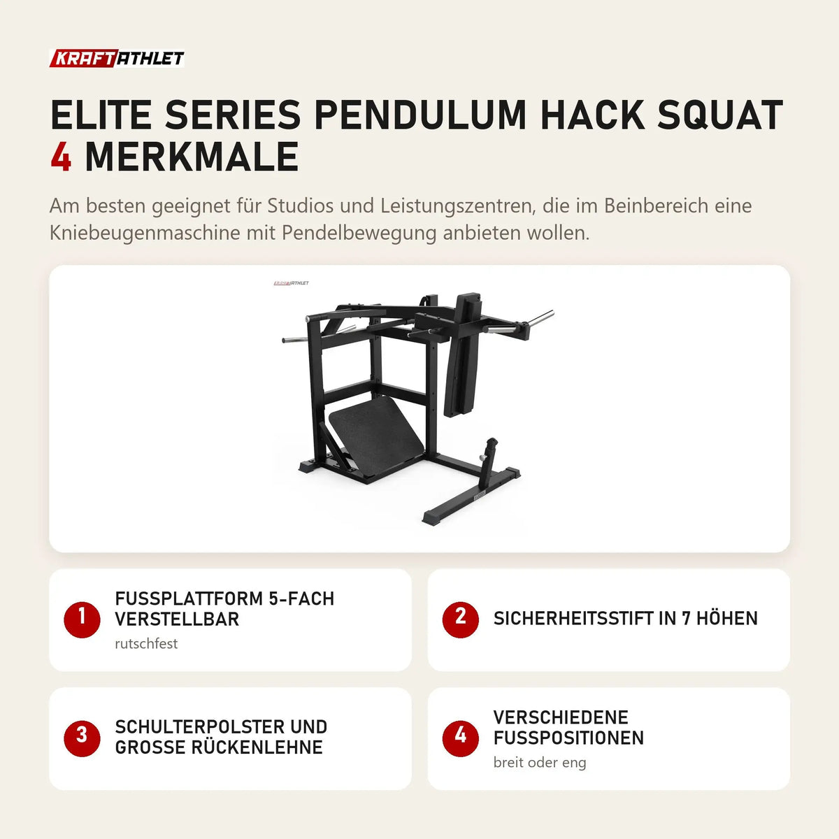 Titanium Strength Elite Series Pendulum Hack Squat mit 4 Merkmalen: Fußplattform 5-fach verstellbar, Sicherheitsstift in 7 Höhen, Schulterpolster und große Rückenlehne, Verschiedene Fußpositionen