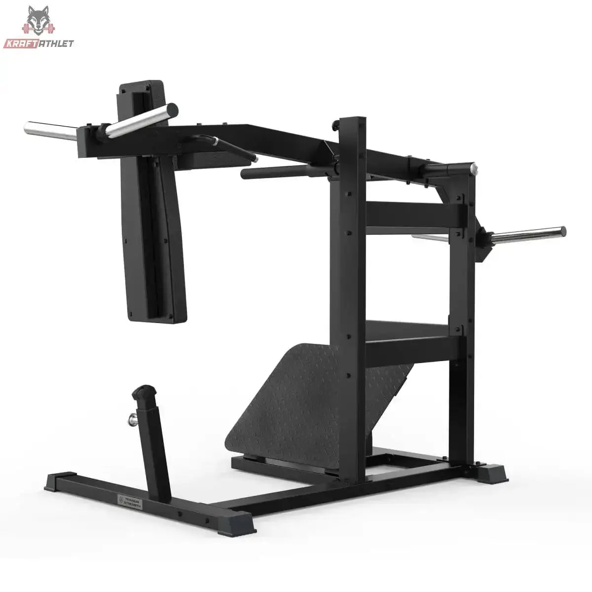 Titanium Strength Elite Series Pendulum Hack Squat in Schwarz, Seitenansicht mit Pendelarm und geneigter Fußplatte