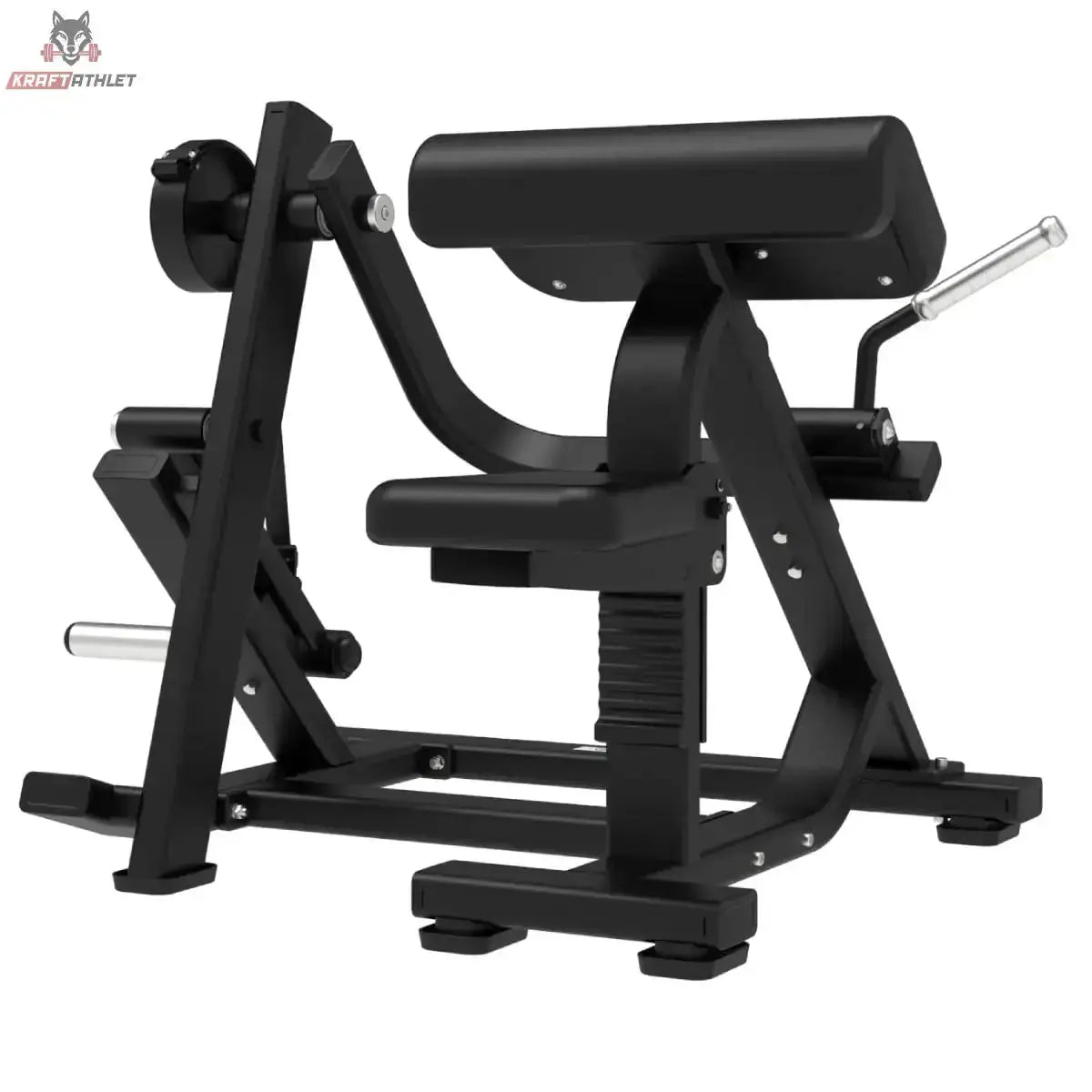 Titanium Strength Elite Series Plate Loaded Bicep Curl in Seitenansicht von rechts mit Sitz und Armpolster