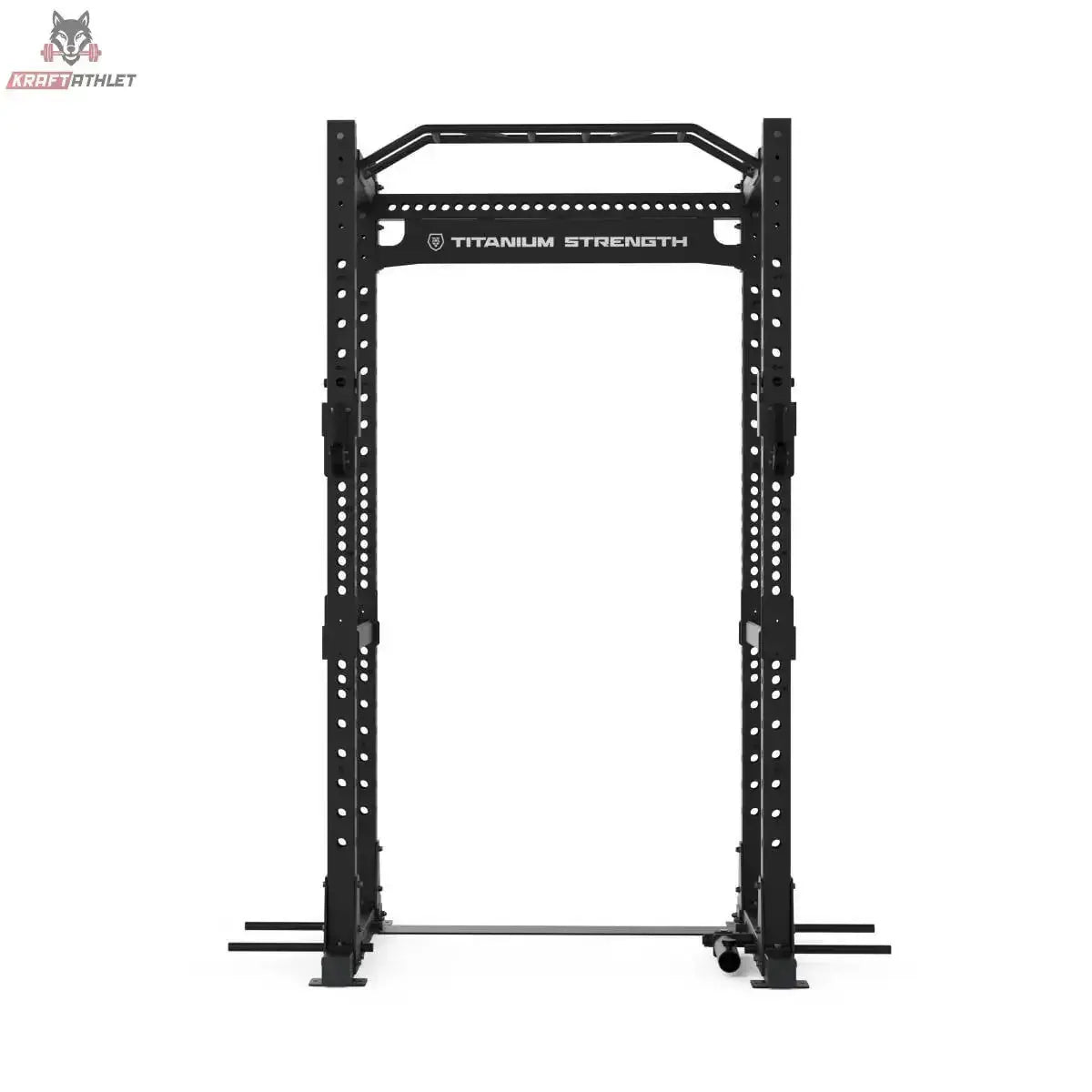 Titanium Strength Elite Series Power Cage E30 in Frontansicht mit Logo-Querstrebe und Bodenrahmen