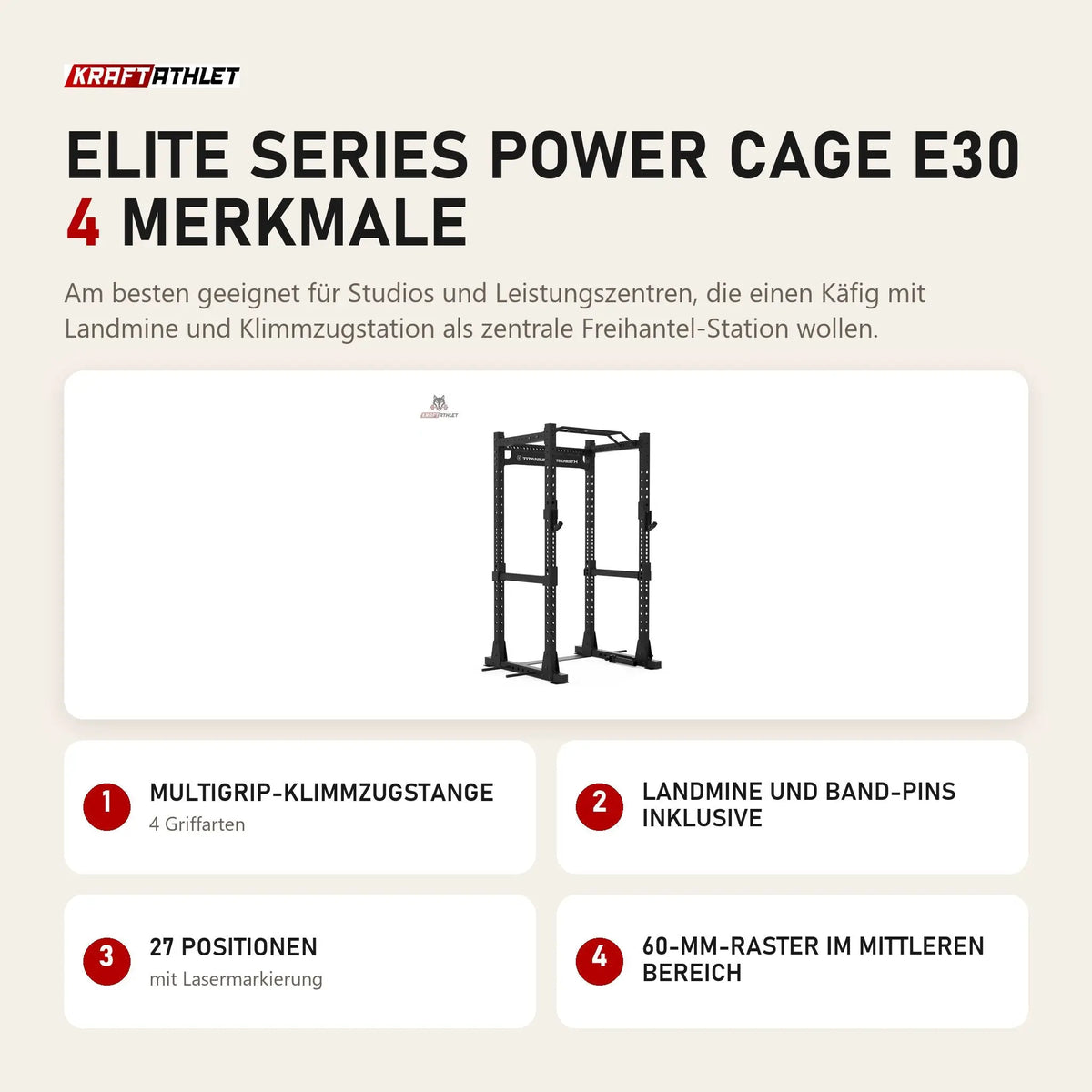 Titanium Strength Elite Series Power Cage E30 mit 4 Merkmalen: Multigrip-Klimmzugstange, Landmine und Band-Pins inklusive, 27 Positionen, 60-mm-Raster im mittleren Bereich