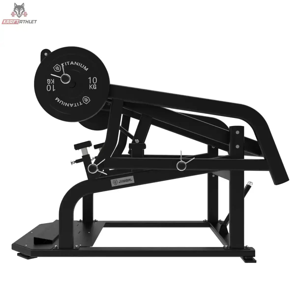 Titanium Strength Elite Series Power Squat Pro Kniebeugenmaschine in Schwarz, Seitenansicht von rechts mit Hebelarm