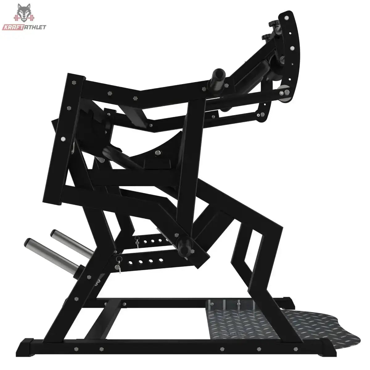Titanium Strength Elite Series Power Squat Kniebeugenmaschine in Seitenansicht mit Schulterpolstern und Trittplatte