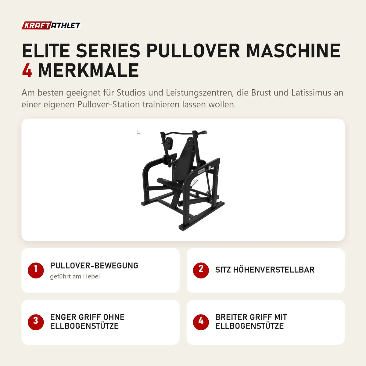 Titanium Strength Elite Series Pullover Maschine mit 4 Merkmalen: Pullover-Bewegung, Sitz höhenverstellbar, Enger Griff ohne Ellbogenstütze, Breiter Griff mit Ellbogenstütze