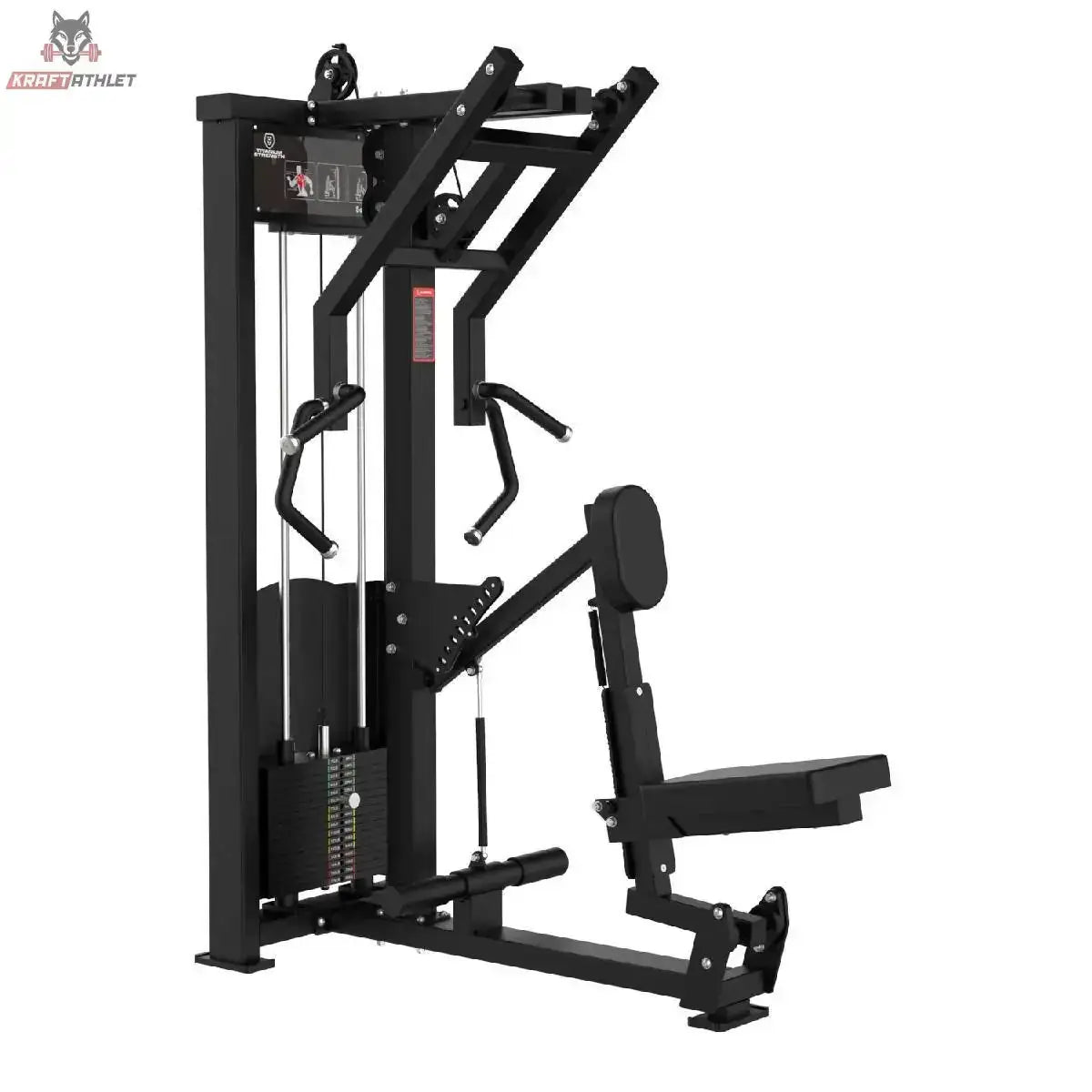 Titanium Strength Elite Series Ruderzugmaschine Seated Row – Schrägansicht mit Brustpolster, Sitz und Rudergriffen
