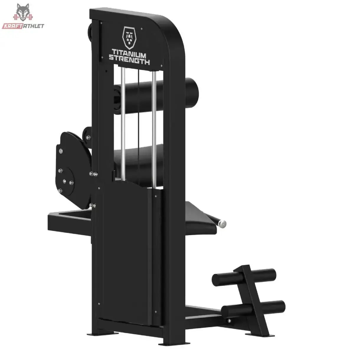 Titanium Strength Elite Series Rückenstreckung – Schrägansicht von hinten mit Gewichtsturm und Fußstütze