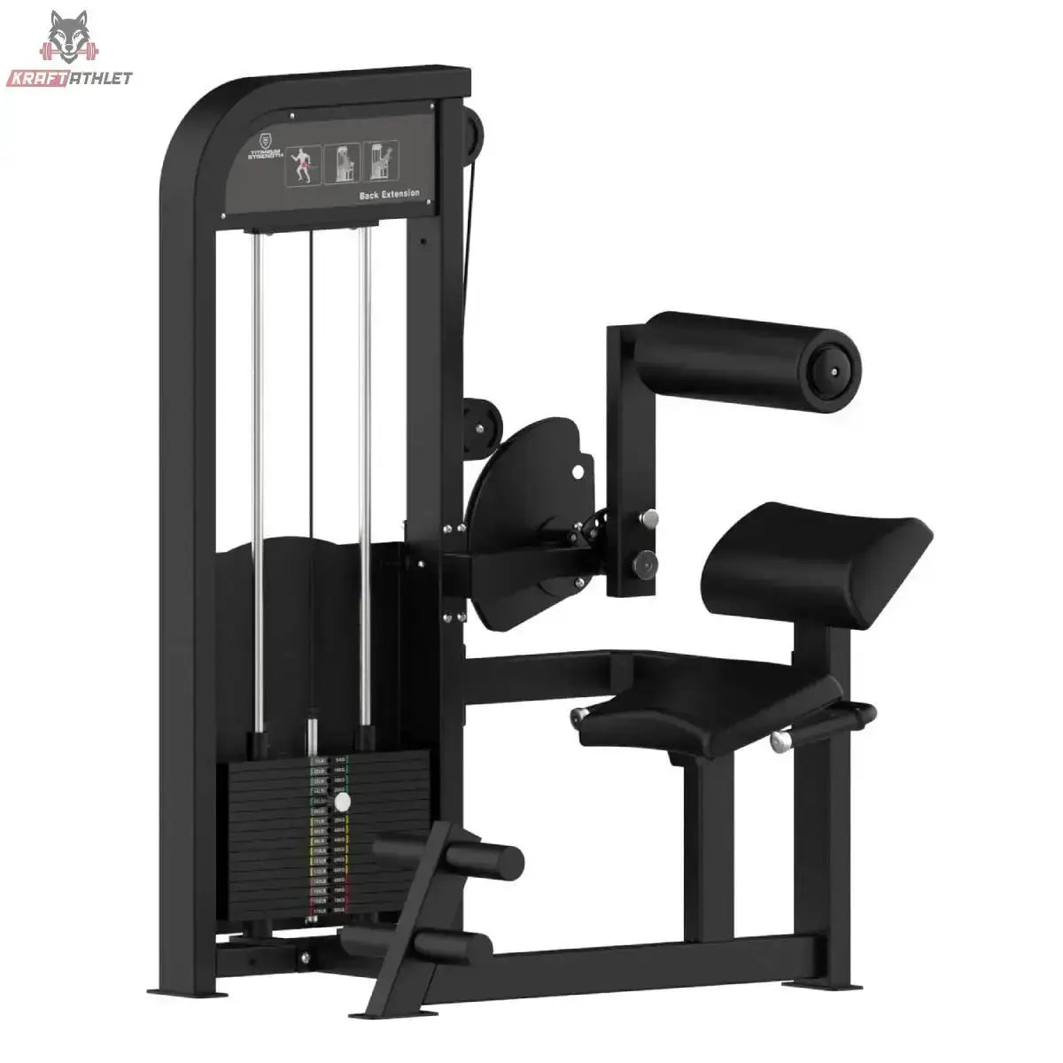 Titanium Strength Elite Series Rückenstreckung – Schrägansicht mit Rückenrolle, Sitz und Gewichtsturm