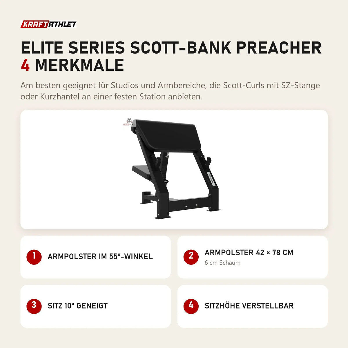 Titanium Strength Elite Series Scott-Bank Preacher mit 4 Merkmalen: Armpolster im 55°-Winkel, Armpolster 42 × 78 cm, Sitz 10° geneigt, Sitzhöhe verstellbar
