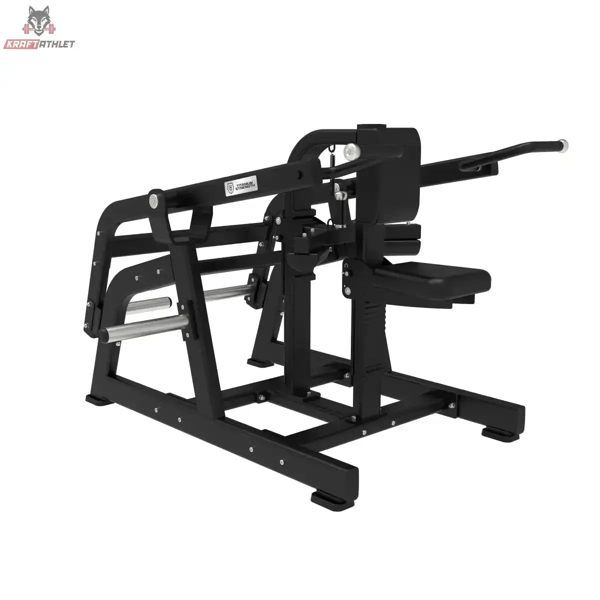 Titanium Strength Elite Series Seated Dip Maschine in Schrägansicht von links mit Scheibenaufnahmen und Griffen