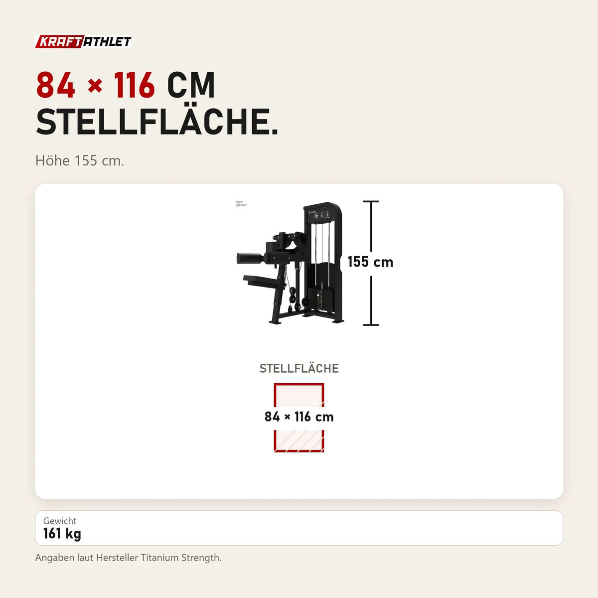 Maßbild Titanium Strength Elite Series Seitenheben: Stellfläche 84 × 116 cm, Höhe 155 cm