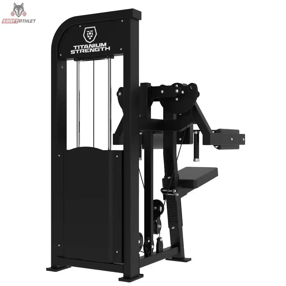 Titanium Strength Elite Series Seitenheben – Rückansicht mit Logo-Abdeckung und seitlichen Armpolstern