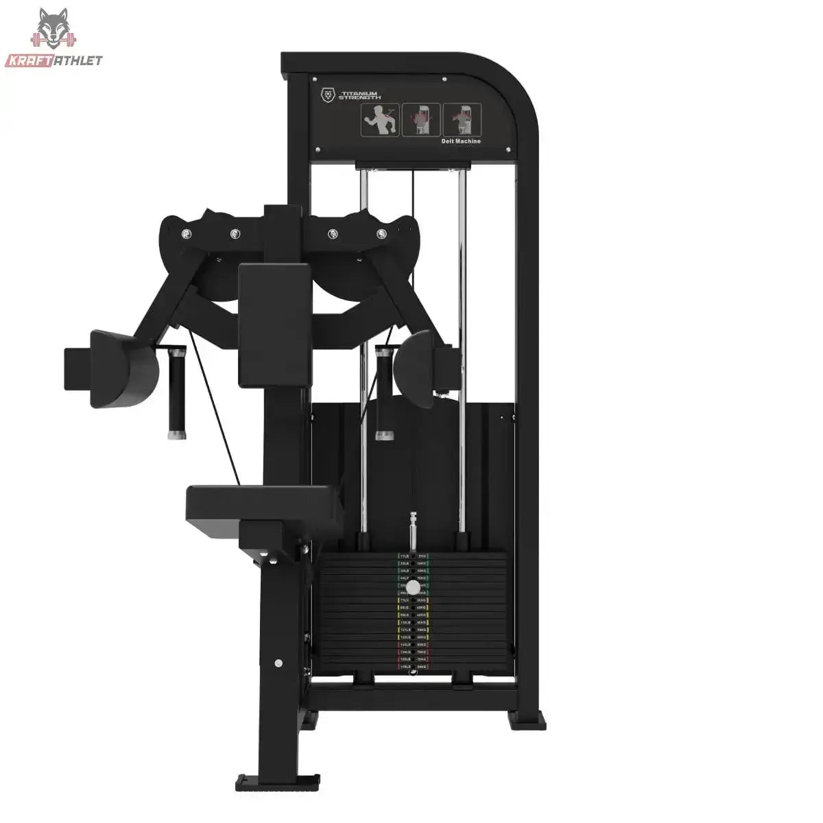 Titanium Strength Elite Series Seitenheben – Frontansicht mit Armpolstern, Brustpolster und Sitz