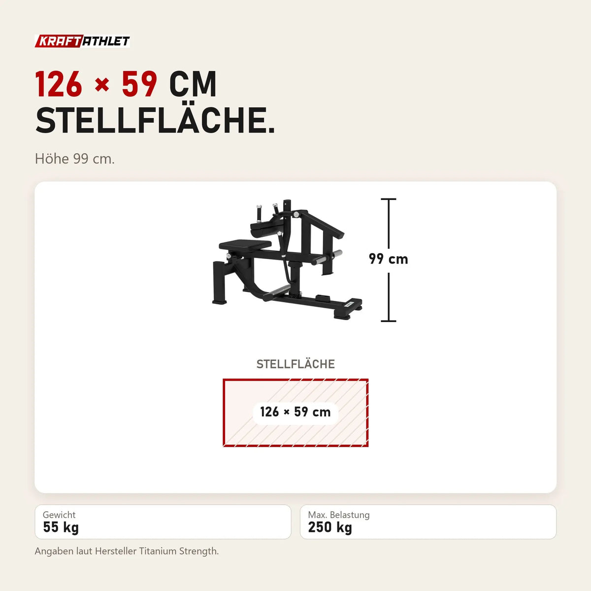Maßbild Titanium Strength Elite Series Sitzende Wadenmaschine: Stellfläche 126 × 59 cm, Höhe 99 cm