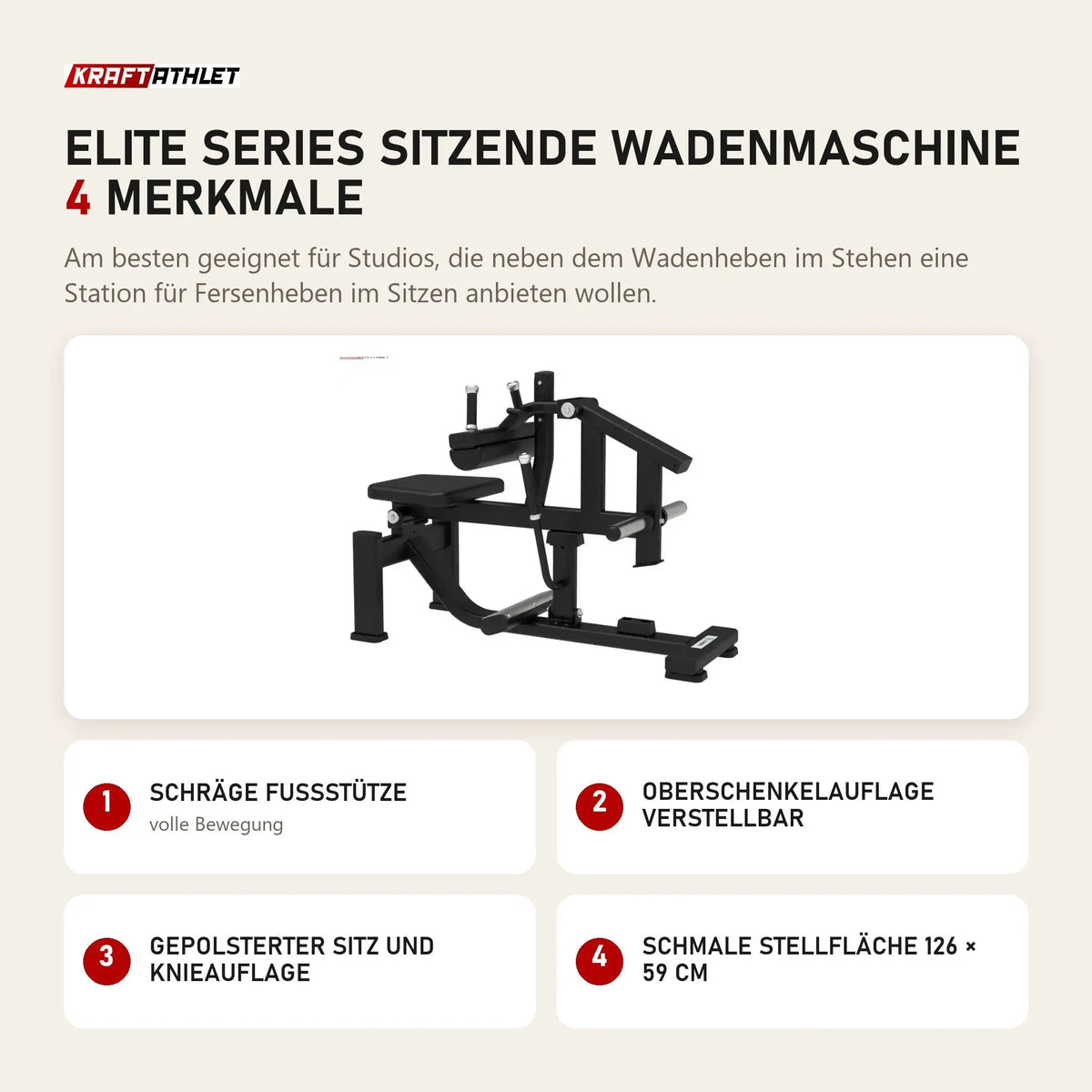 Titanium Strength Elite Series Sitzende Wadenmaschine mit 4 Merkmalen: Schräge Fußstütze, Oberschenkelauflage verstellbar, Gepolsterter Sitz und Knieauflage, Schmale Stellfläche 126 × 59 cm