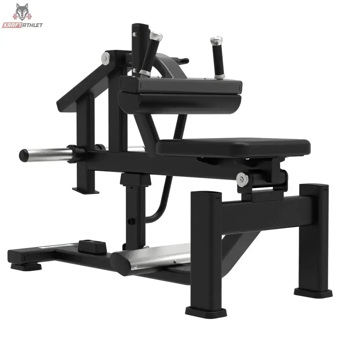 Titanium Strength Elite Series Sitzende Wadenmaschine: Seitenansicht von links mit Kniepolster und Sitz
