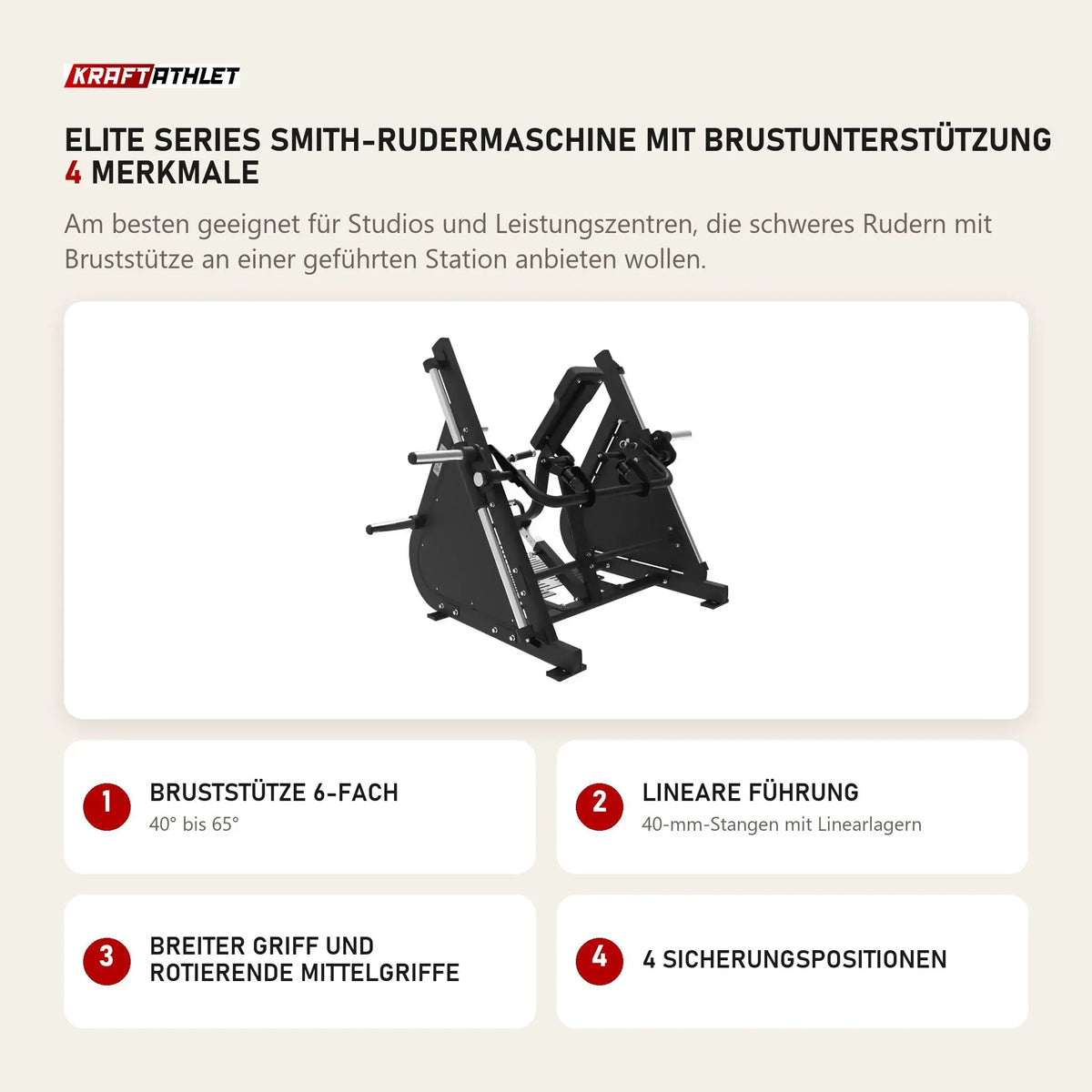 Titanium Strength Elite Series Smith-Rudermaschine mit Brustunterstützung mit 4 Merkmalen: Bruststütze 6-fach, Lineare Führung, Breiter Griff und rotierende Mittelgriffe, 4 Sicherungspositionen