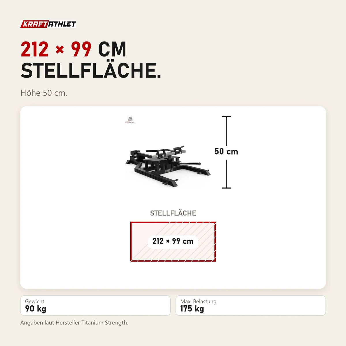 Maßbild Titanium Strength Elite Series Steh-Rudergerät mit T-Stange: Stellfläche 212 × 99 cm, Höhe 50 cm