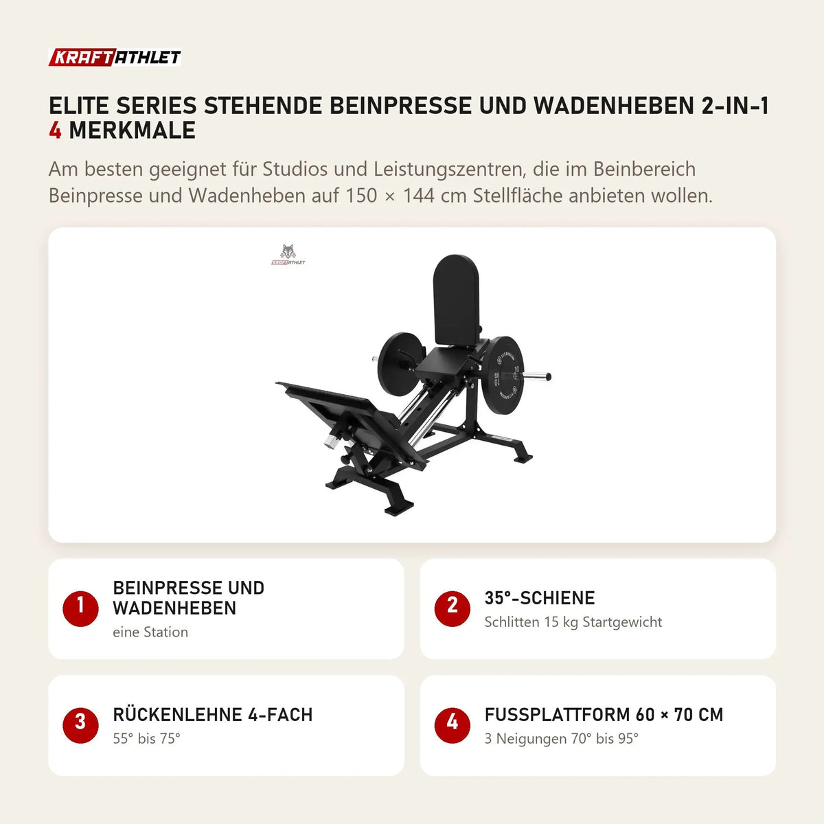 Titanium Strength Elite Series Stehende Beinpresse und Wadenheben 2-in-1 mit 4 Merkmalen: Beinpresse und Wadenheben, 35°-Schiene, Rückenlehne 4-fach, Fußplattform 60 × 70 cm