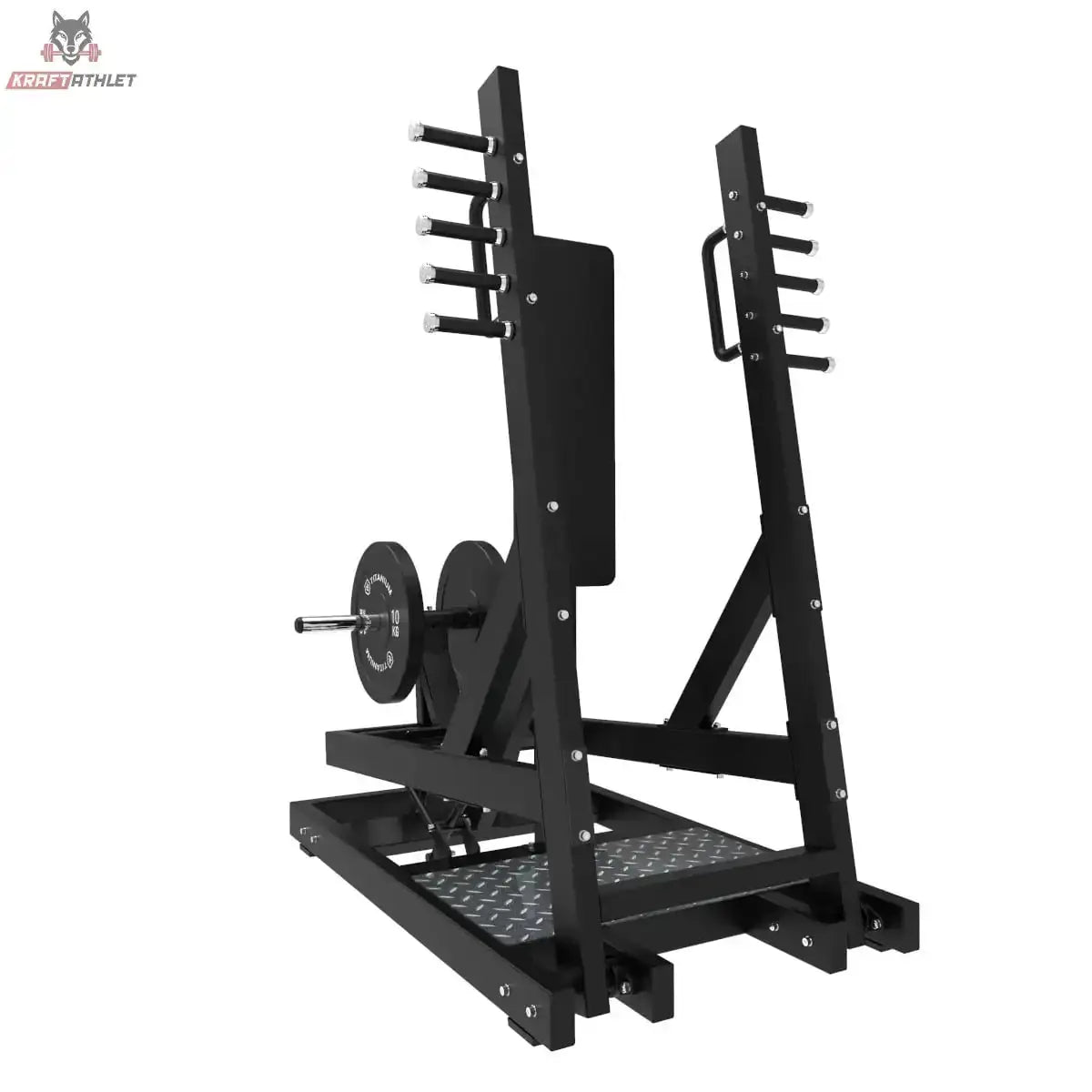 Titanium Strength Elite Series Stehende Brustpresse mit Hebelarm in Schrägansicht mit Scheibenhaltern