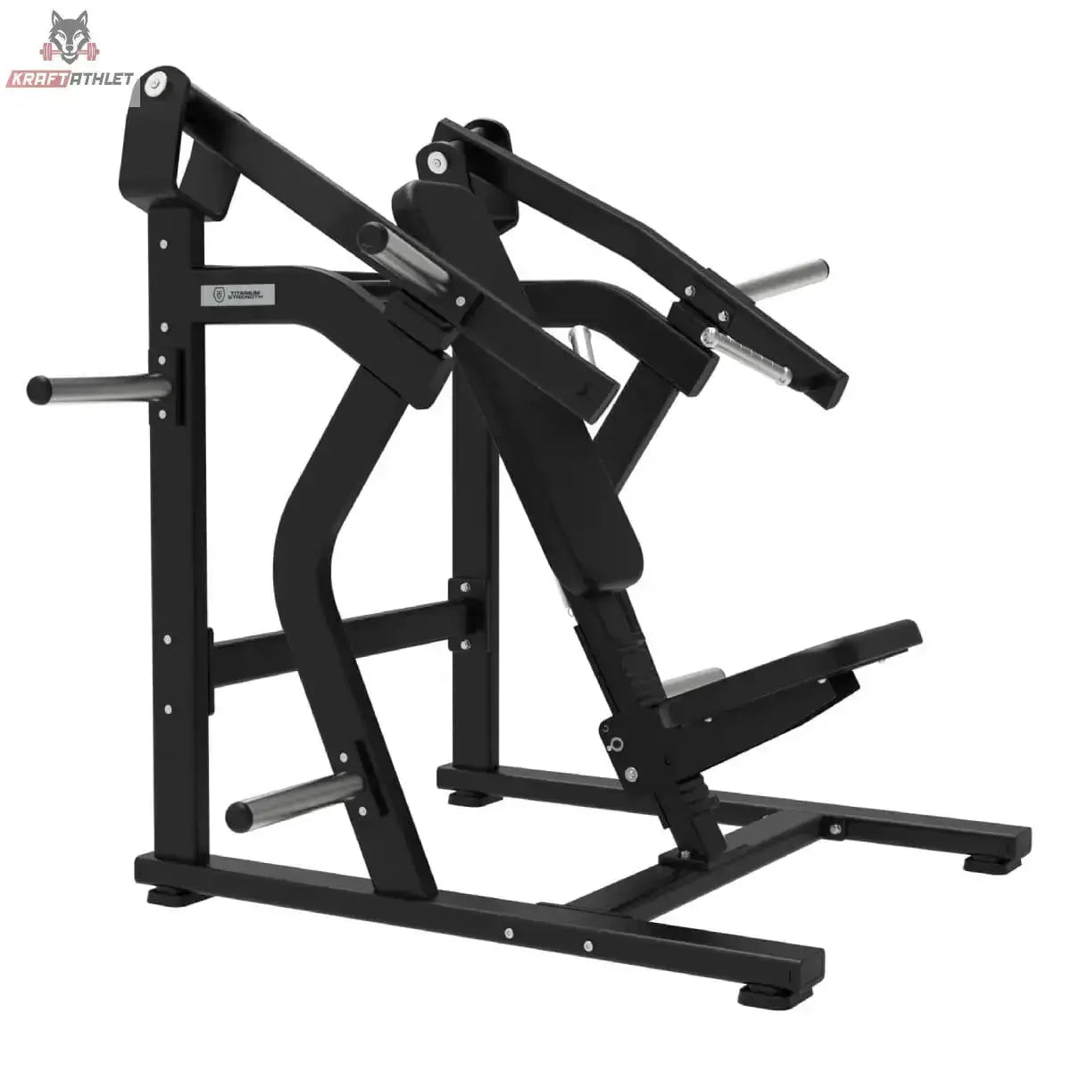 Titanium Strength Elite Series Super Incline Chest Press in Seitenansicht von links mit steilem Bewegungsbogen der Arme