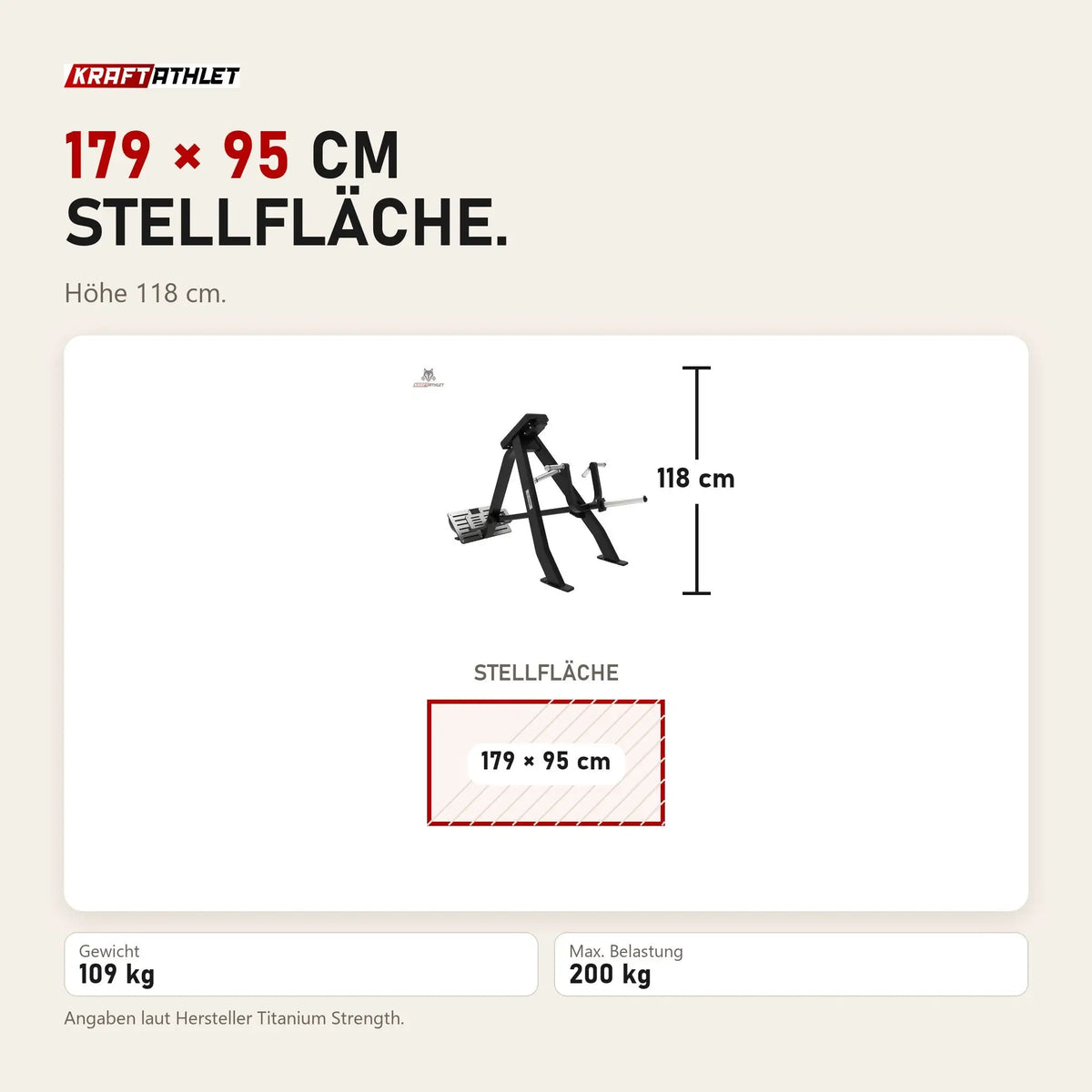 Maßbild Titanium Strength Elite Series T-Bar Rudern: Stellfläche 179 × 95 cm, Höhe 118 cm