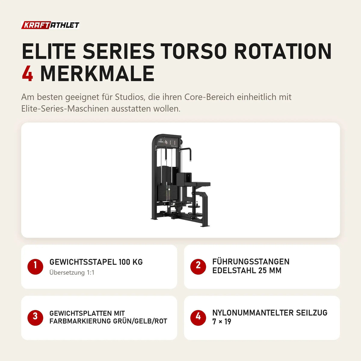 Titanium Strength Elite Series Torso Rotation mit 4 Merkmalen: Gewichtsstapel 100 kg, Führungsstangen Edelstahl 25 mm, Gewichtsplatten mit Farbmarkierung Grün/Gelb/Rot, Nylonummantelter Seilzug 7 × 19