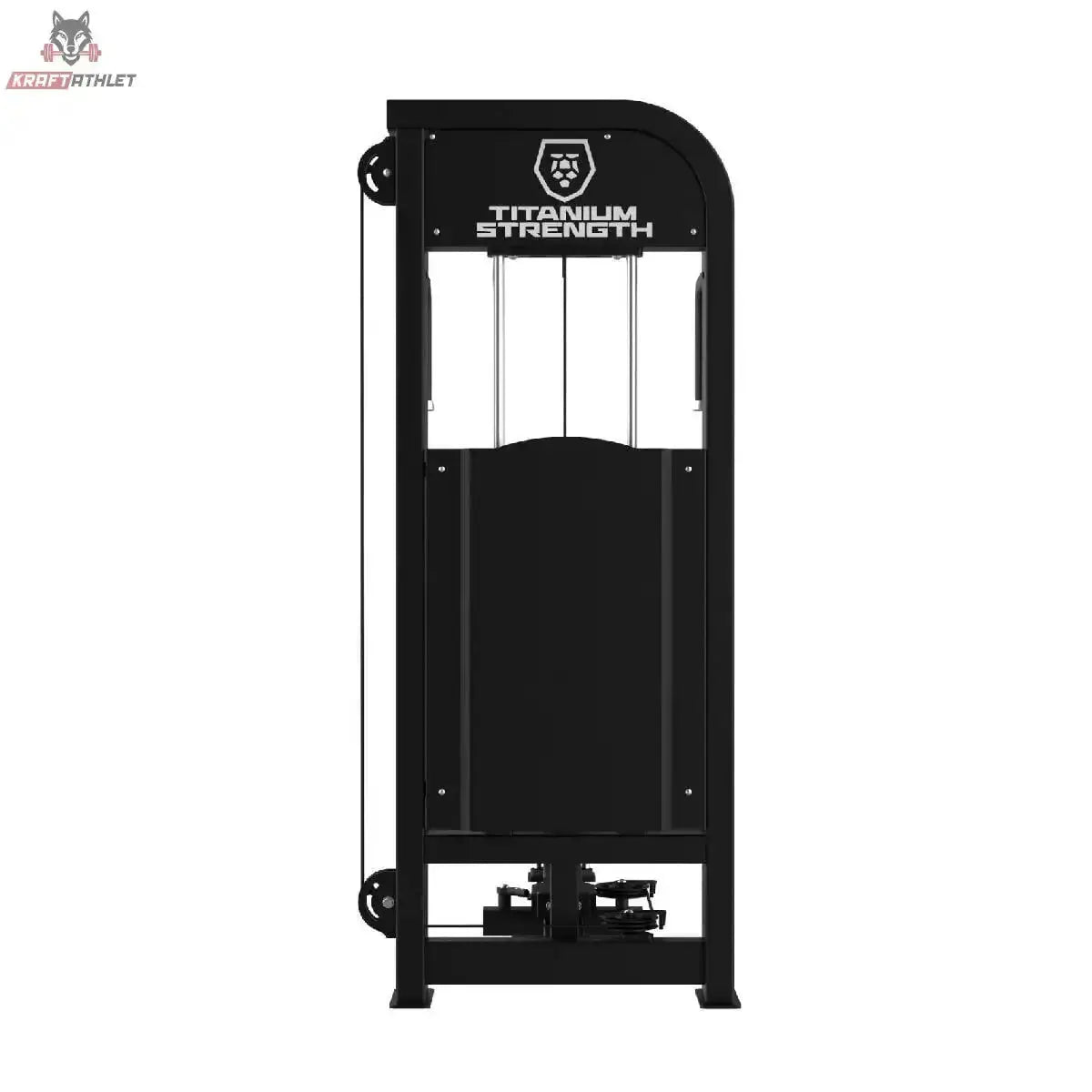 Titanium Strength Elite Series Torso Rotation – Rückansicht mit Logo-Abdeckung des Gewichtsturms