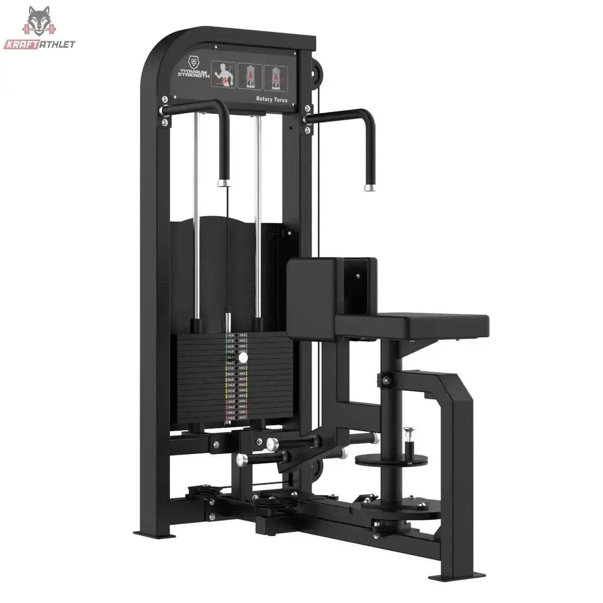Titanium Strength Elite Series Torso Rotation – Schrägansicht mit Drehsitz, Brustpolster und Gewichtsturm