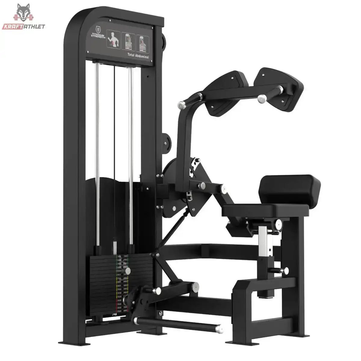 Titanium Strength Elite Series Total Abdominal – Schrägansicht mit Schulterpolstern, Sitz und Gewichtsturm