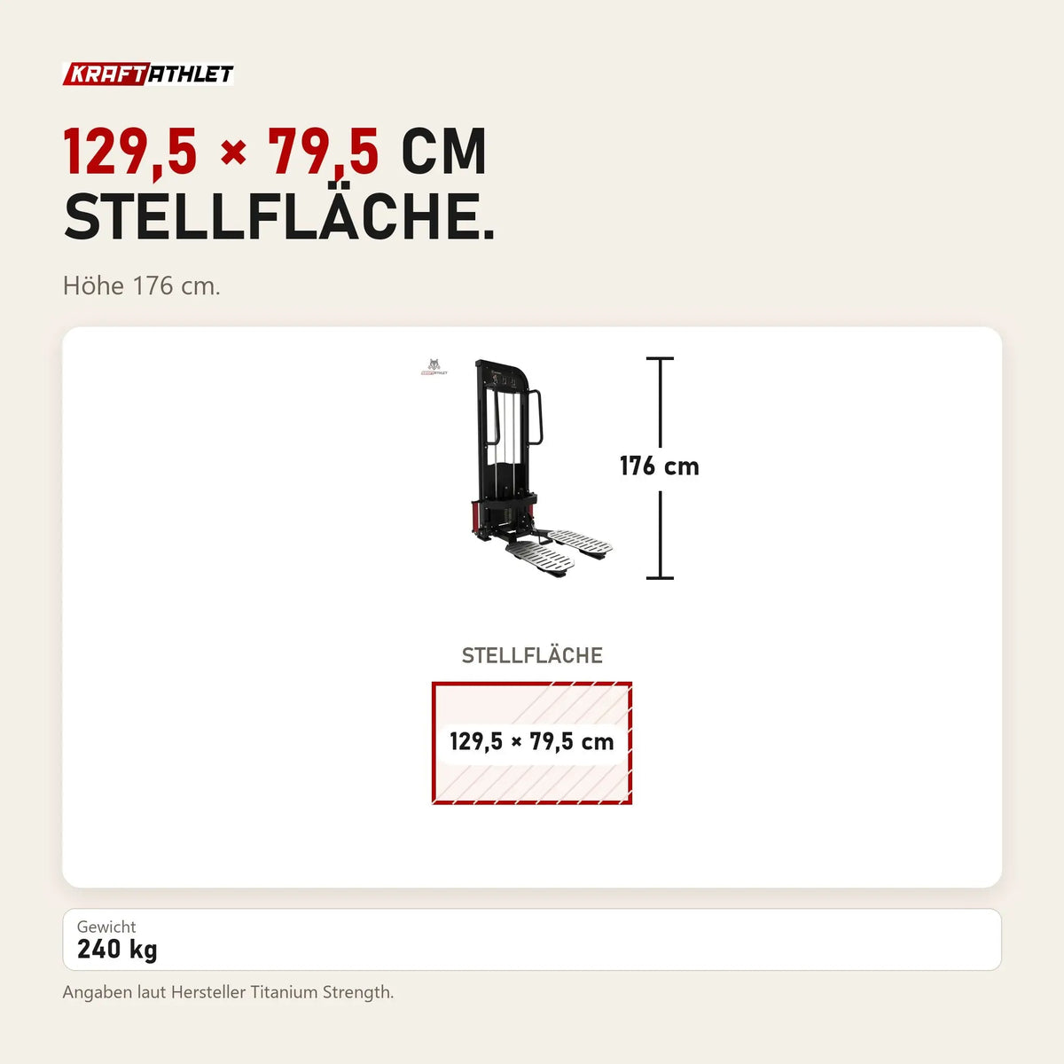 Maßbild Titanium Strength Elite Series Ultimate Gesäßtritt: Stellfläche 129,5 × 79,5 cm, Höhe 176 cm