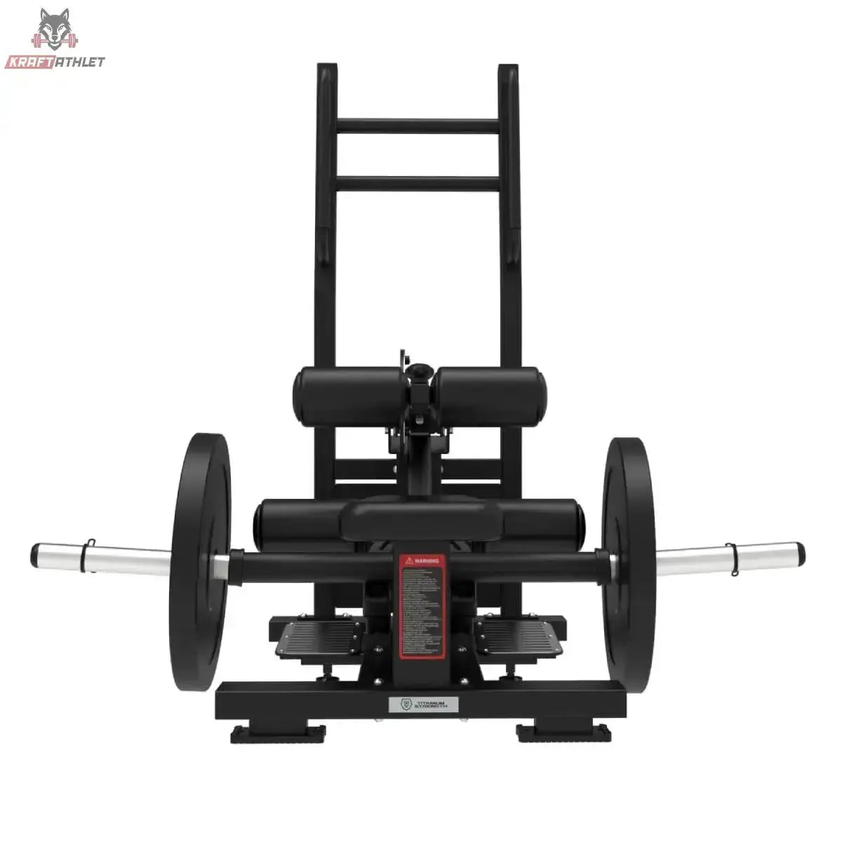 Titanium Strength Elite Series Ultimate Hip Thrust im Stehen: Frontansicht mit Polstern und beidseitigen Scheiben