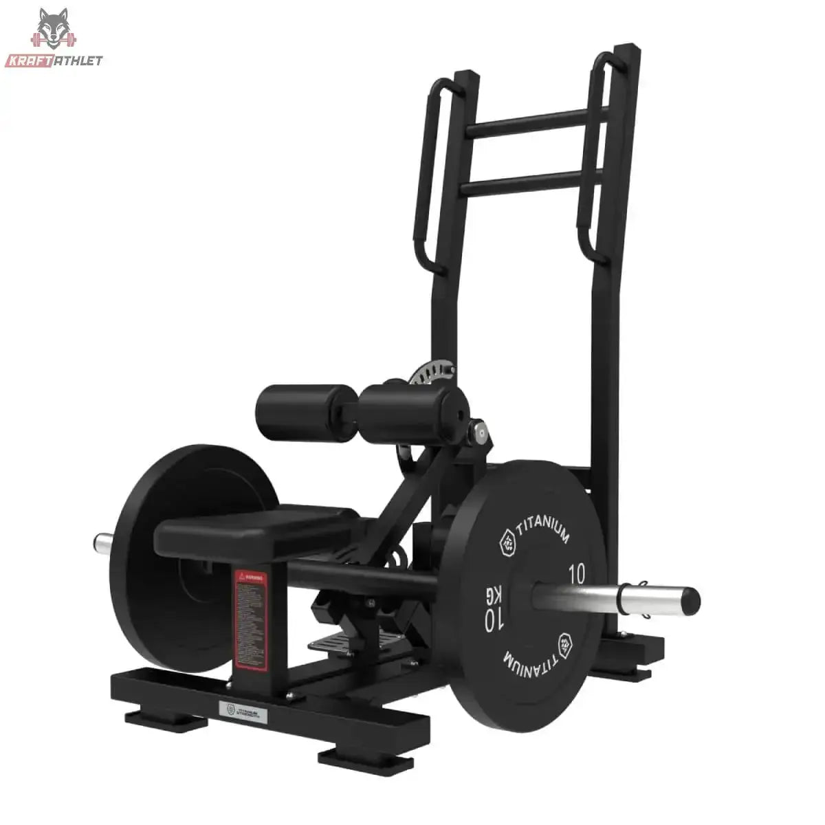 Titanium Strength Elite Series Ultimate Hip Thrust im Stehen: Schrägansicht von rechts mit Hantelscheiben