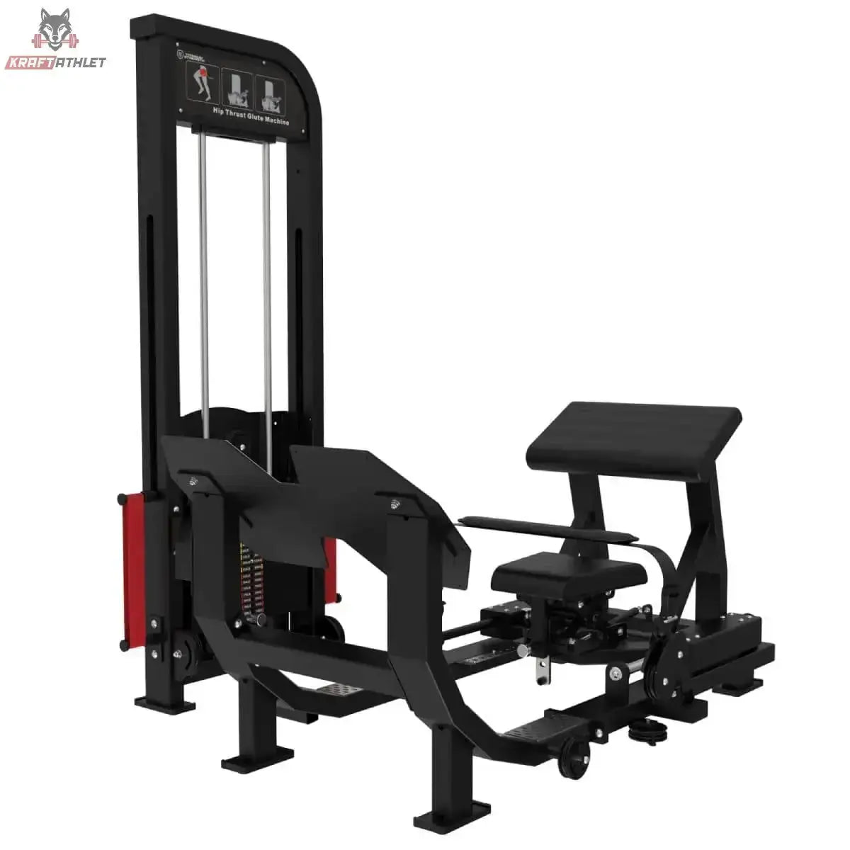 Titanium Strength Elite Series Ultimate Hip Thrust – Schrägansicht von hinten mit Rückenpolster und Hüftbügel