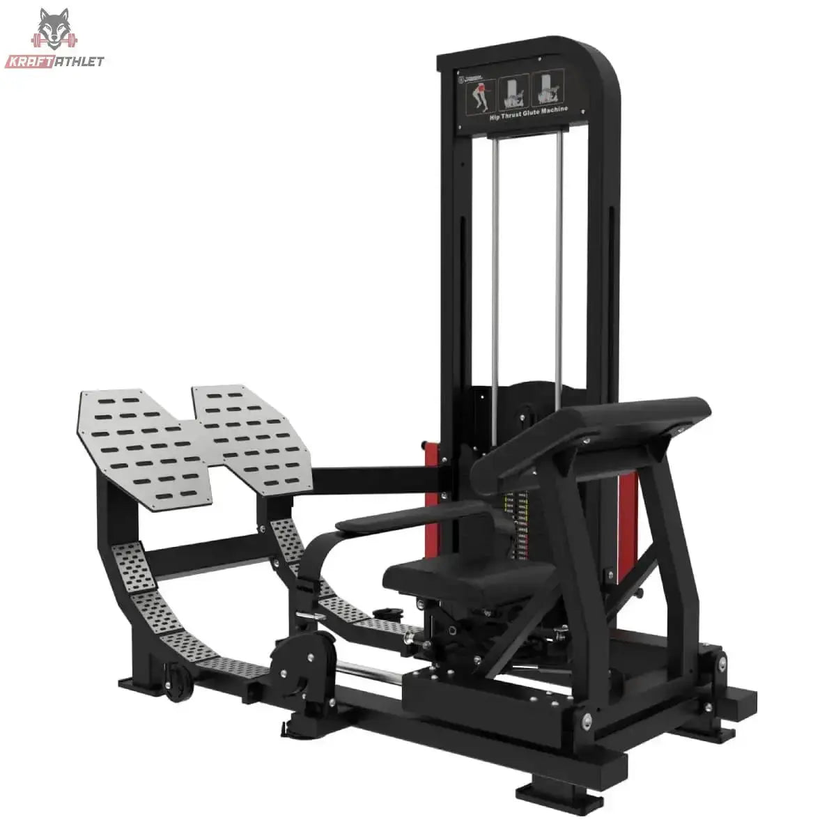 Titanium Strength Elite Series Ultimate Hip Thrust – Schrägansicht mit Fußplatten, Hüftpolster und Gewichtsturm