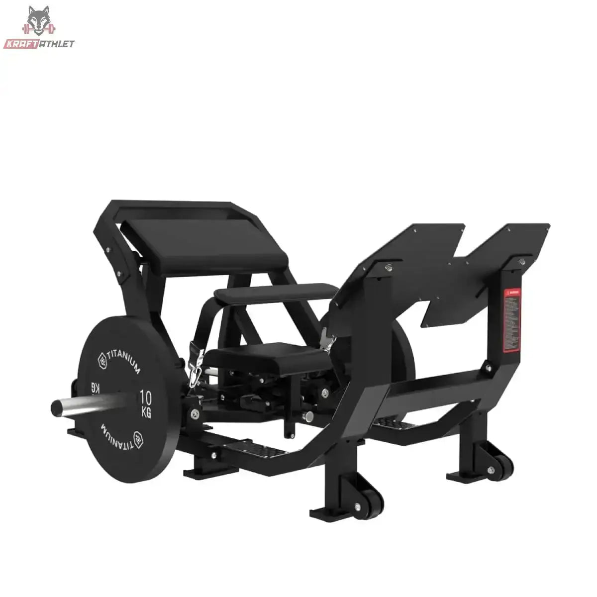 Titanium Strength Elite Series Ultimate Hip Thrust in Schrägansicht von vorn mit Rückenpolstern und Hantelscheibe