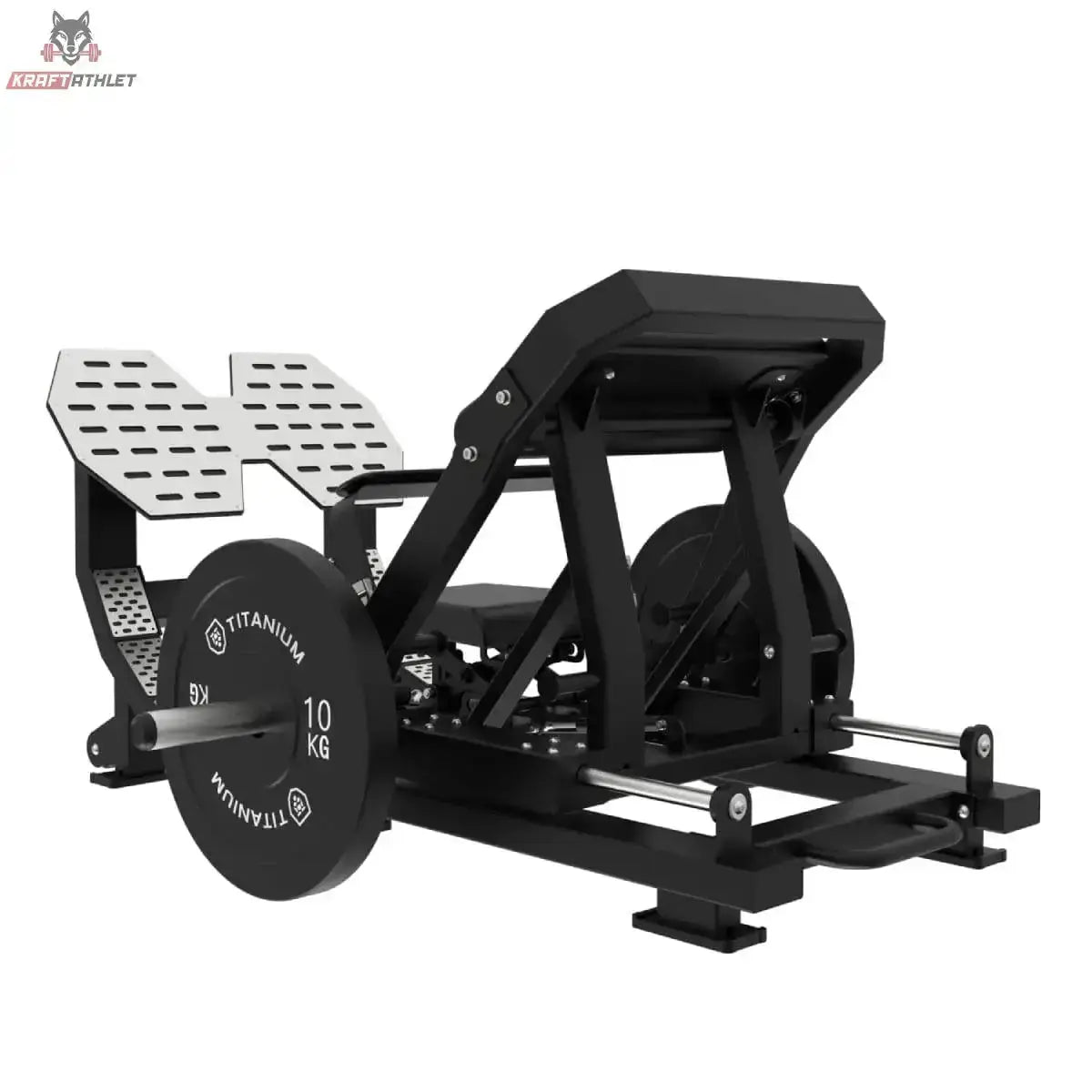Titanium Strength Elite Series Ultimate Hip Thrust in Seitenansicht mit Fußplatten, Hantelscheibe und Rahmen