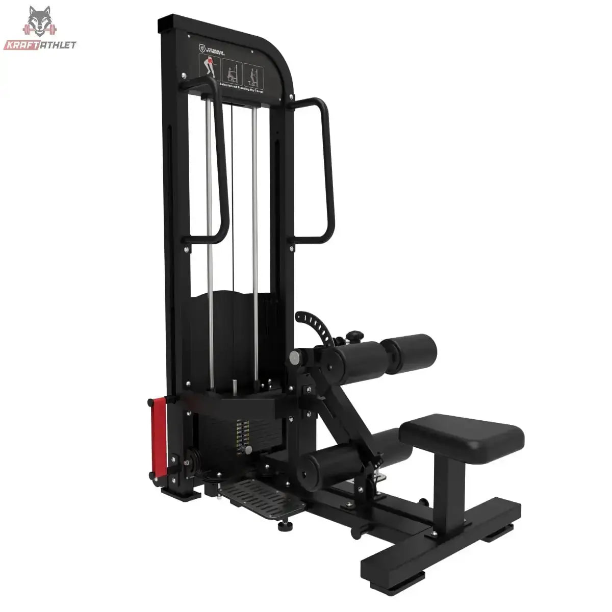 Titanium Strength Elite Series Selectorisierte Ultimate Hip Thrust – Schrägansicht mit Liegepolster, Hüftpolster und Gewichtsturm