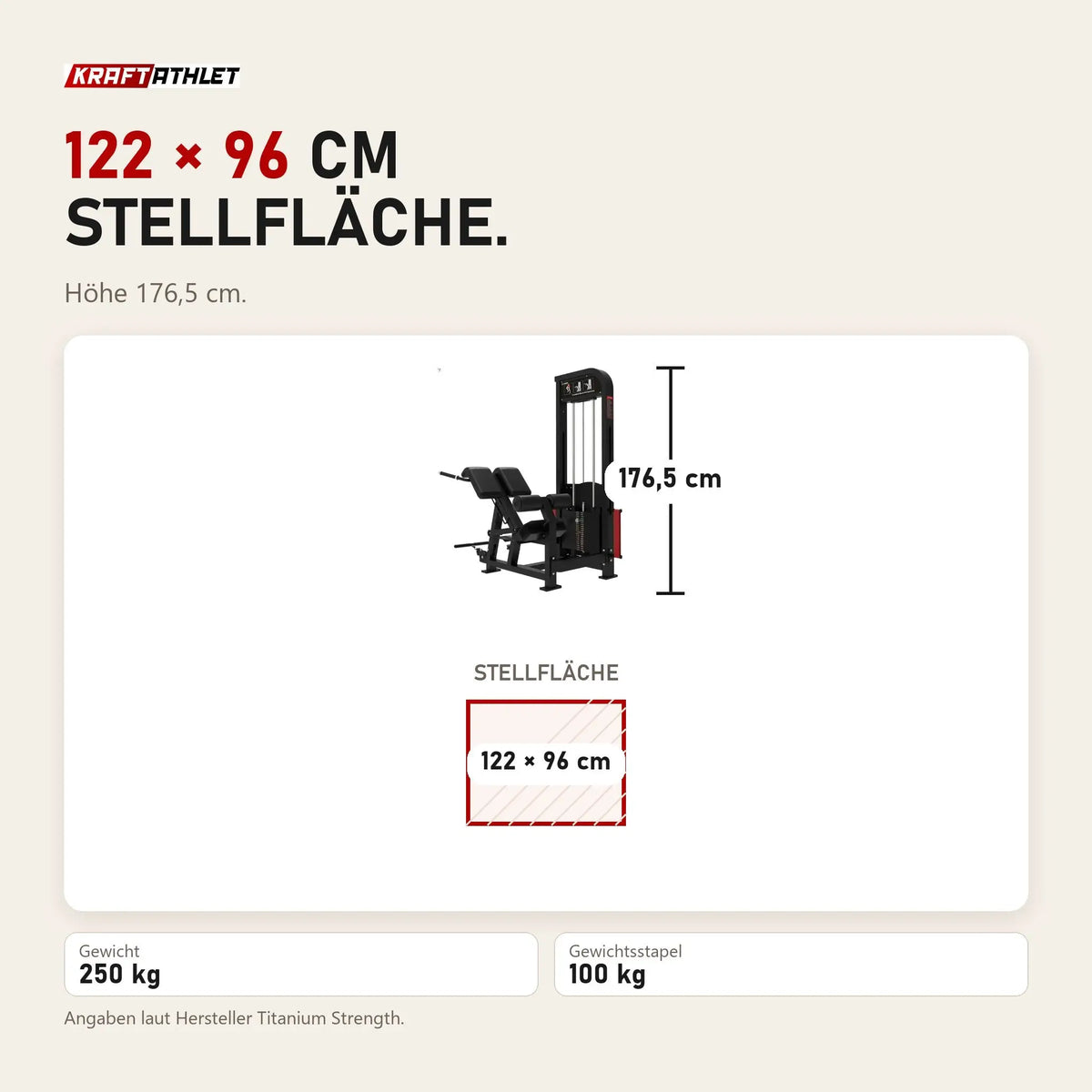 Maßbild Titanium Strength Elite Series Ultimate Rückenstrecker: Stellfläche 122 × 96 cm, Höhe 176,5 cm