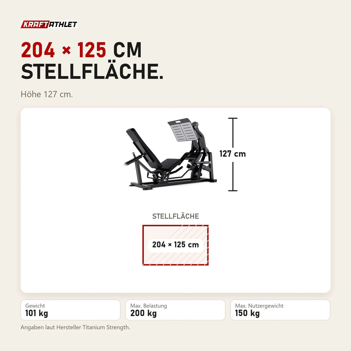 Maßbild Titanium Strength Elite Series V Beinpresse: Stellfläche 204 × 125 cm, Höhe 127 cm