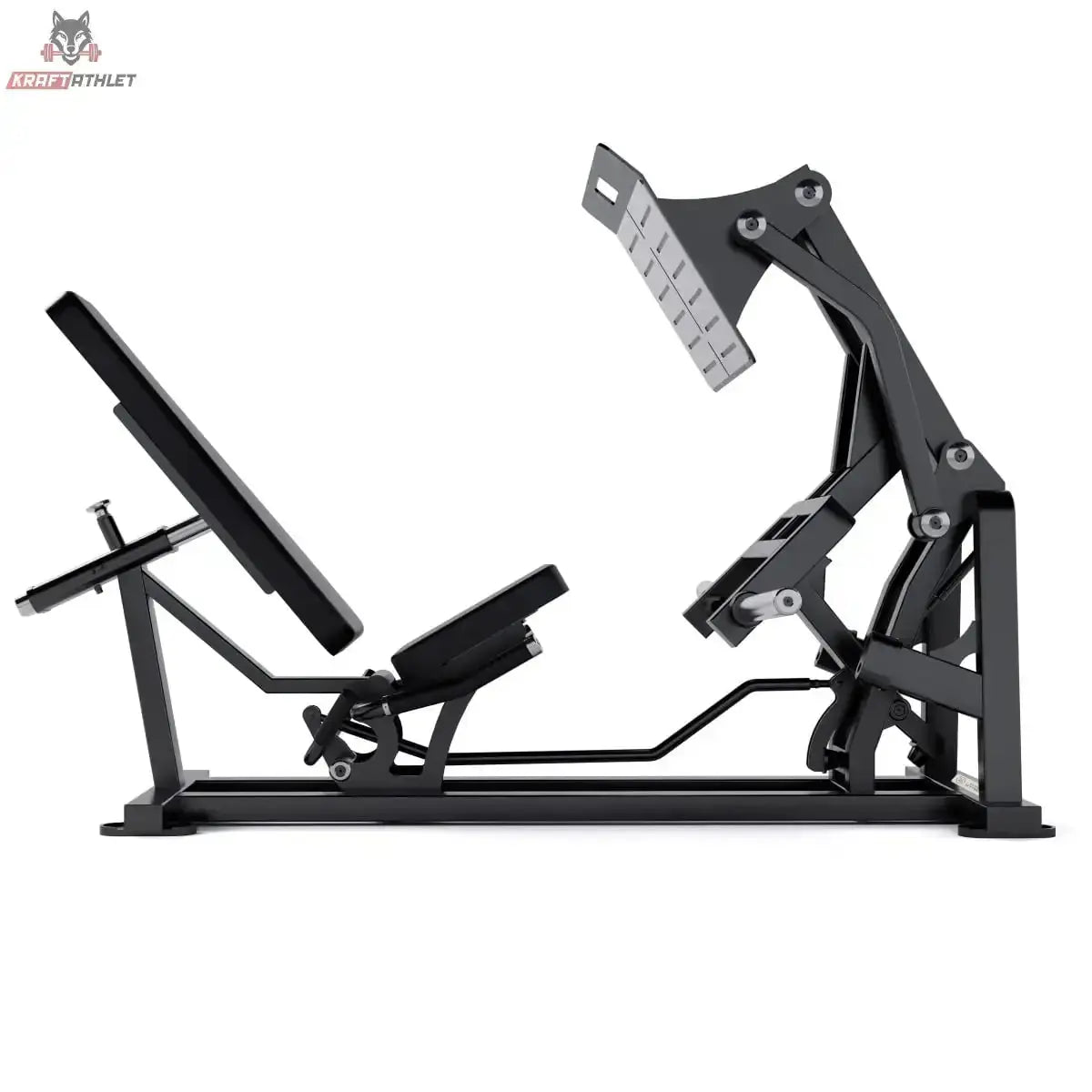 Titanium Strength Elite Series V Beinpresse in Schwarz, Seitenansicht mit Sitz, Schwenkarm und Hantelscheibenaufnahmen