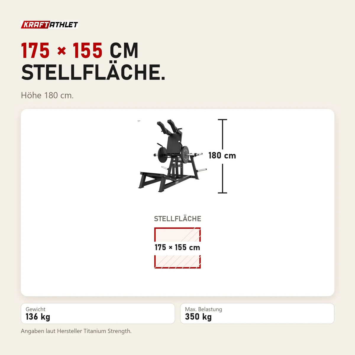 Maßbild Titanium Strength Elite Series V-Squat Palanca: Stellfläche 175 × 155 cm, Höhe 180 cm