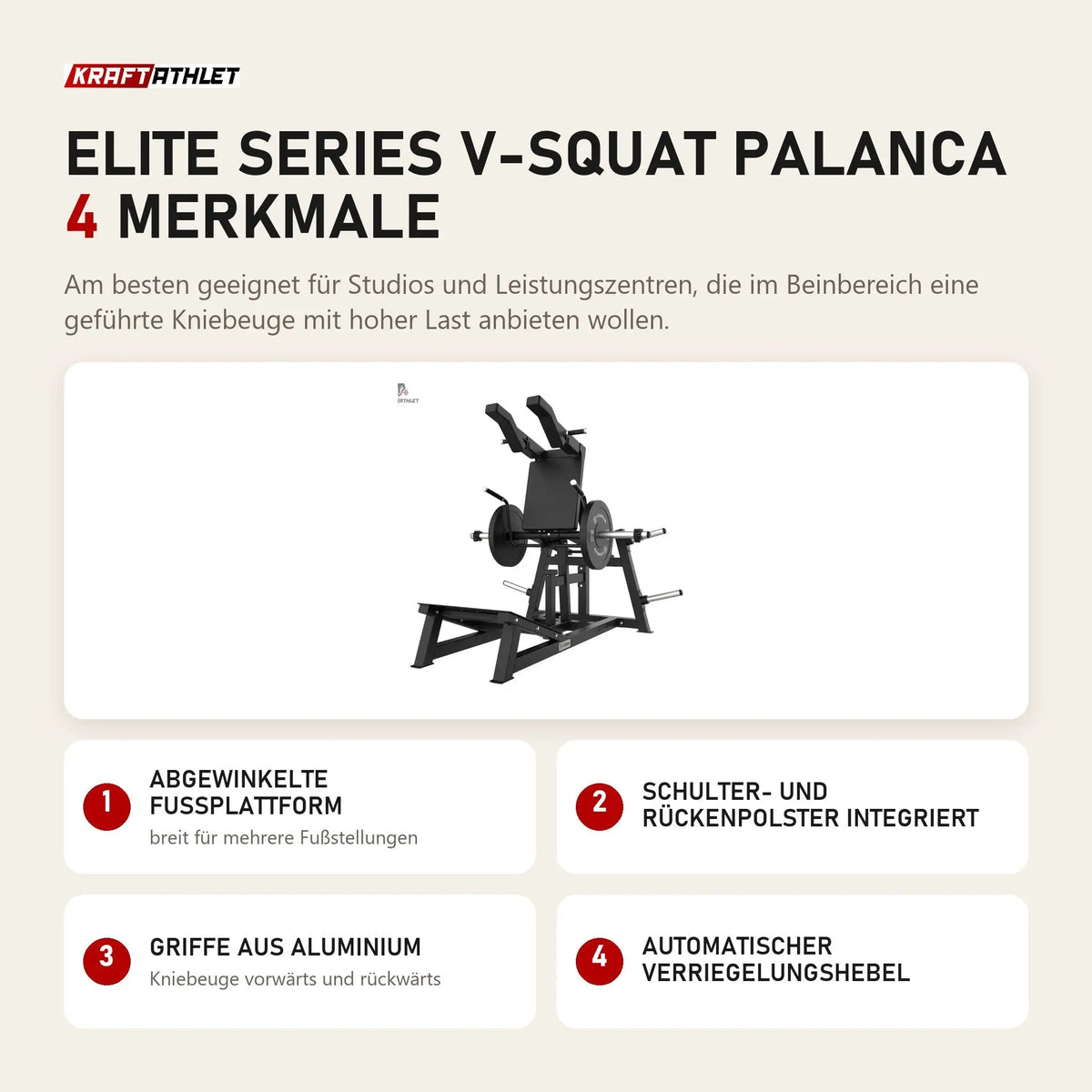 Titanium Strength Elite Series V-Squat Palanca mit 4 Merkmalen: Abgewinkelte Fußplattform, Schulter- und Rückenpolster integriert, Griffe aus Aluminium, Automatischer Verriegelungshebel