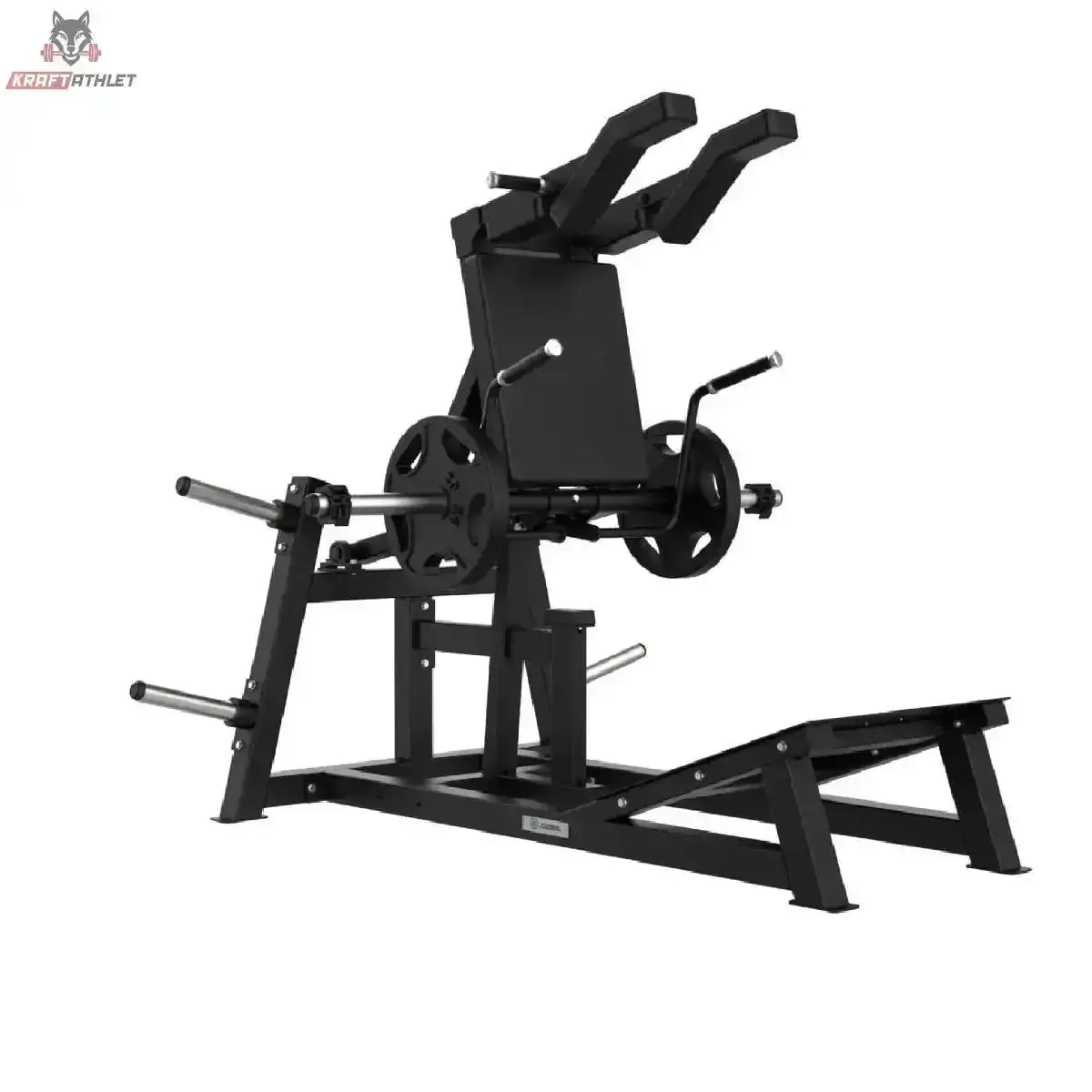 Titanium Strength Elite Series V-Squat Palanca in Schrägansicht von der Seite mit Scheibenhornen