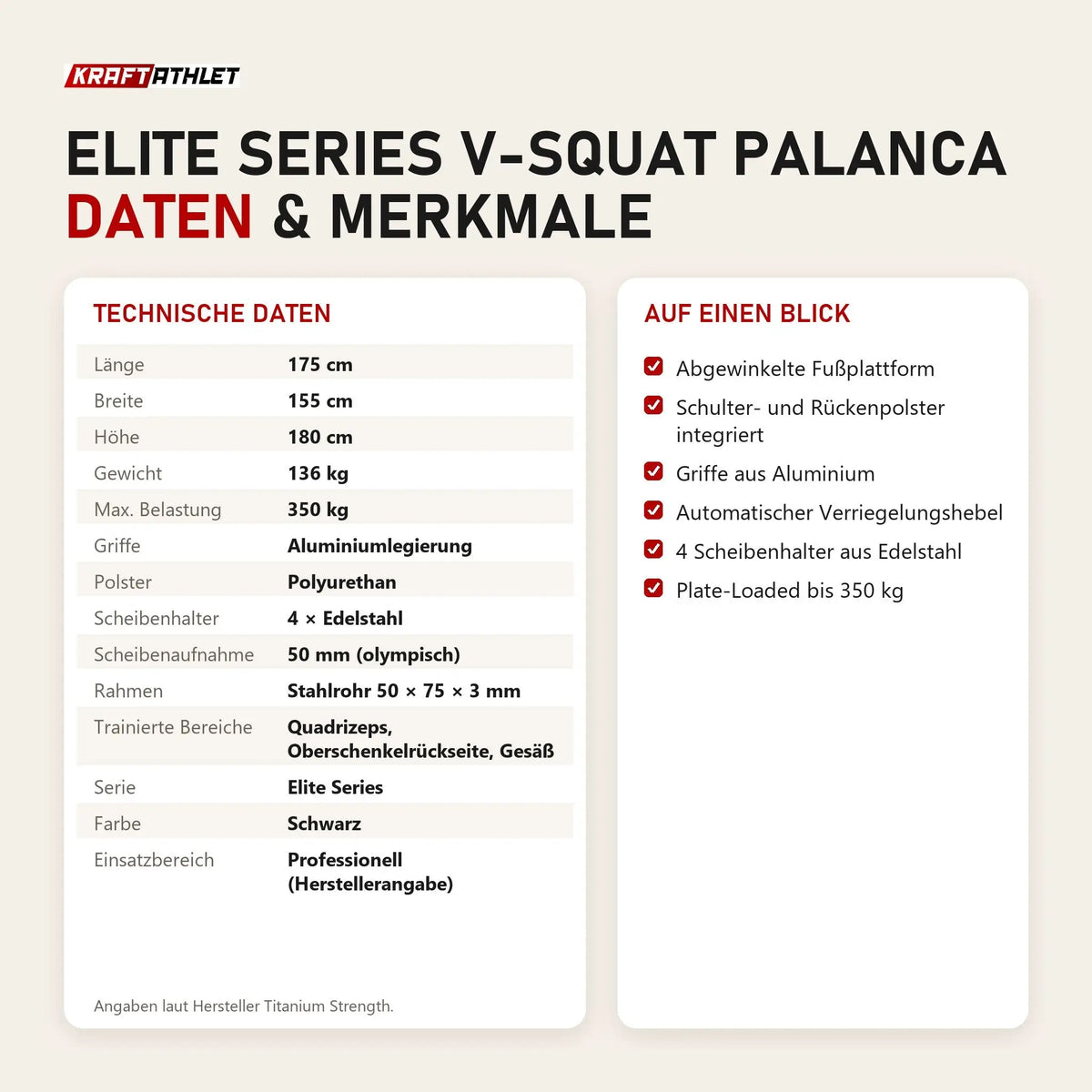 Technische Daten und Merkmale von Titanium Strength Elite Series V-Squat Palanca als Tabelle