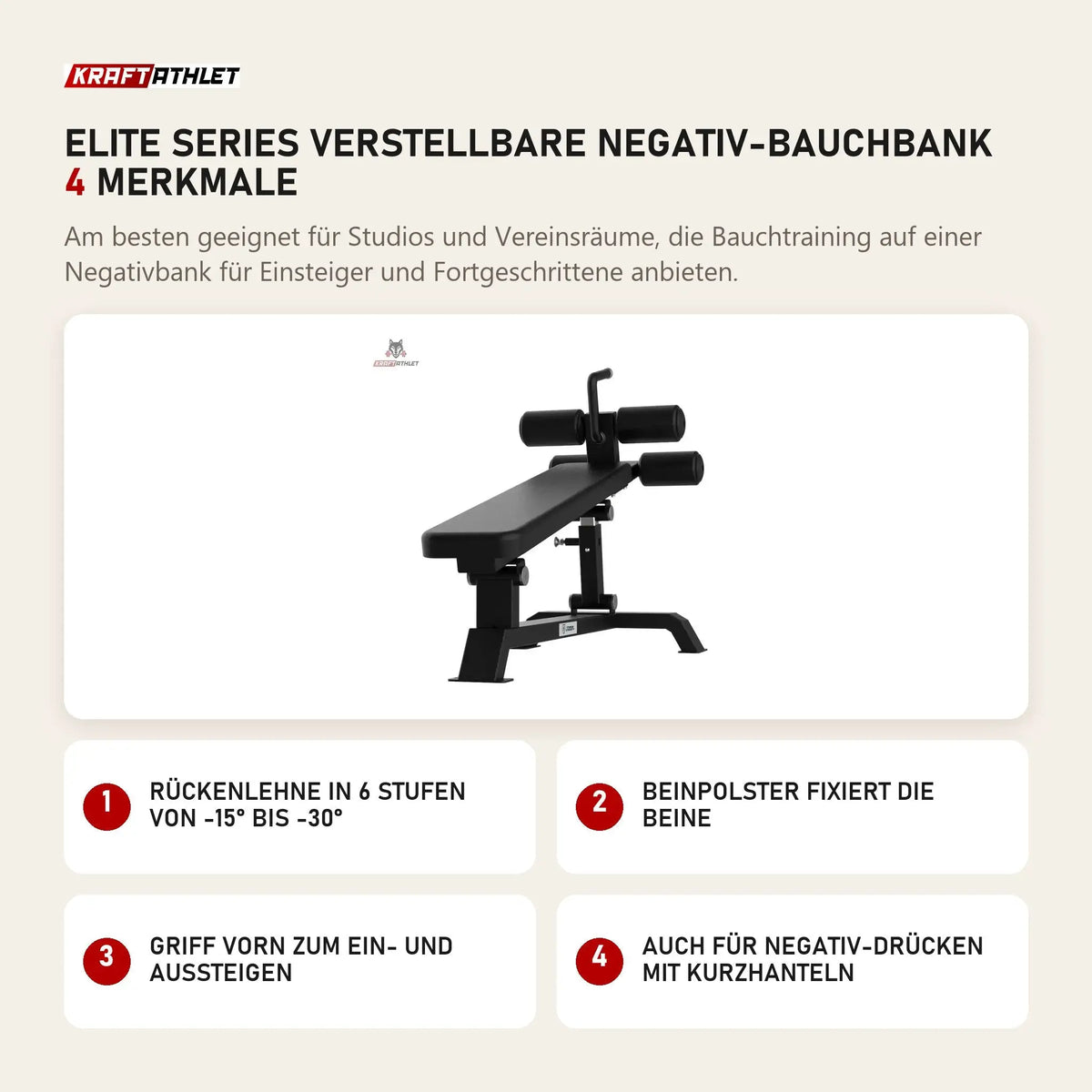 Titanium Strength Elite Series Verstellbare Negativ-Bauchbank mit 4 Merkmalen: Rückenlehne in 6 Stufen von -15° bis -30°, Beinpolster fixiert die Beine, Griff vorn zum Ein- und Aussteigen, Auch für Negativ-Drücken mit Kurzhanteln